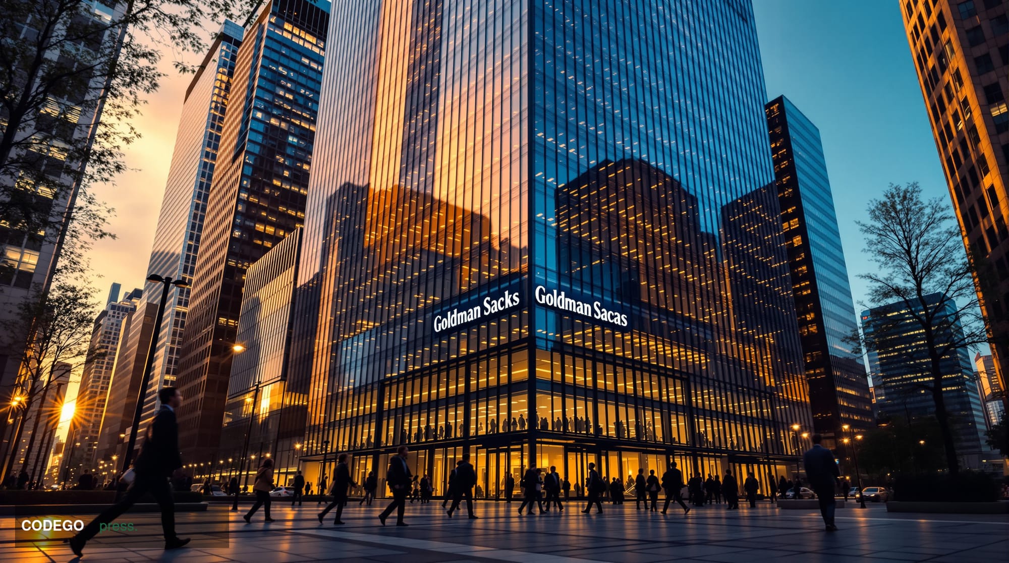 A photorealistic editorial photograph capturing Goldman Sachs' towering headquarters at 200 West Street in lower Manhattan, s
