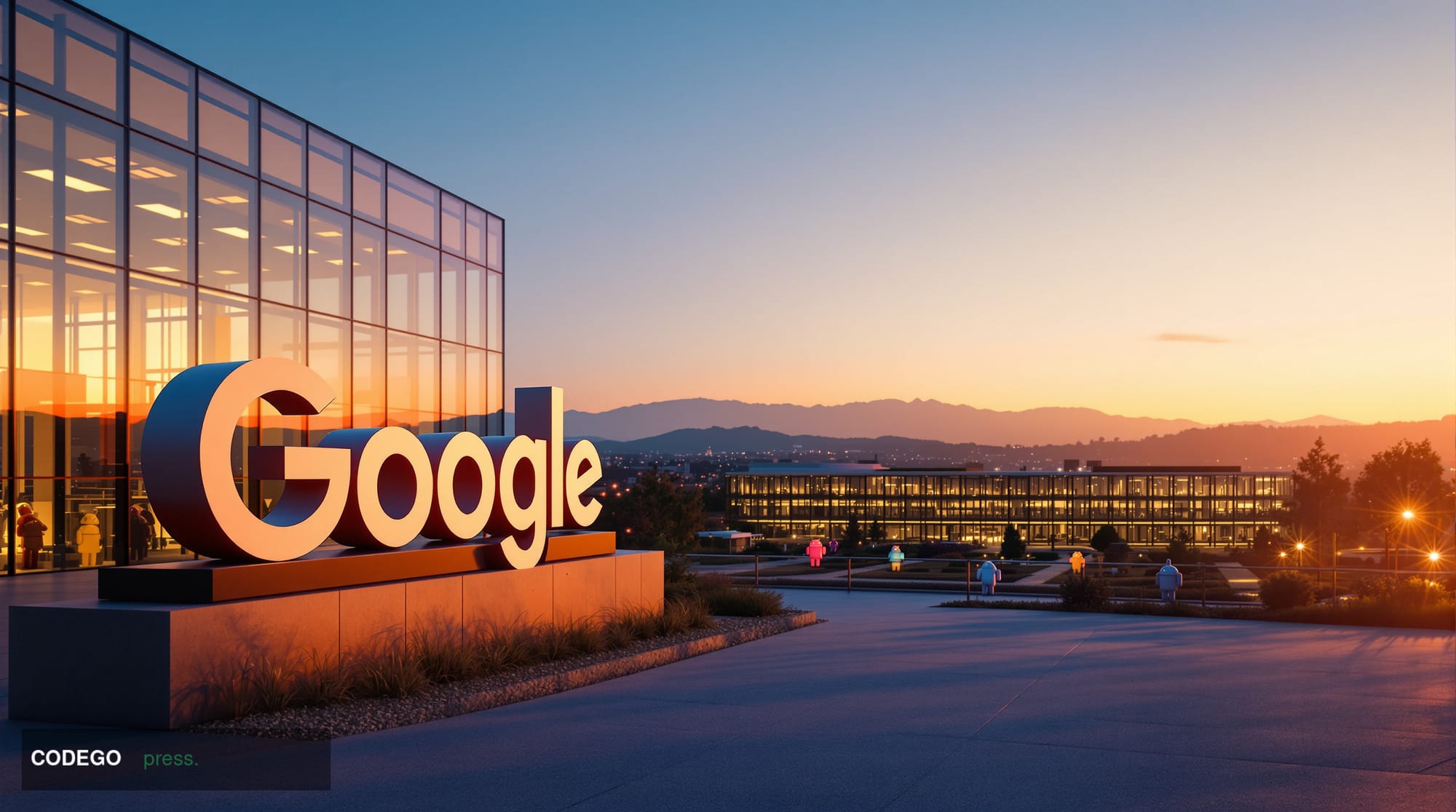 A dramatic editorial photograph of Google's Mountain View headquarters with its distinctive colorful Android statues and mode