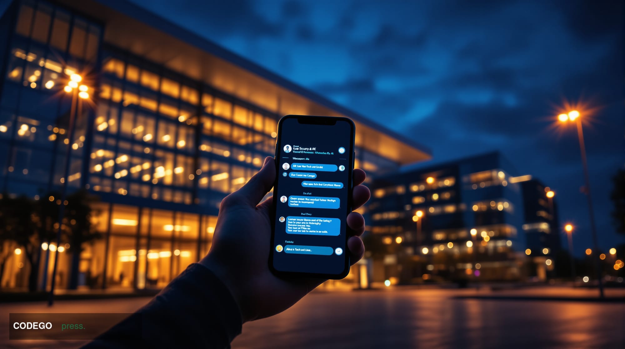 A cinematic editorial photograph showing Google's Mountain View headquarters campus exterior at dusk, with the iconic colorfu