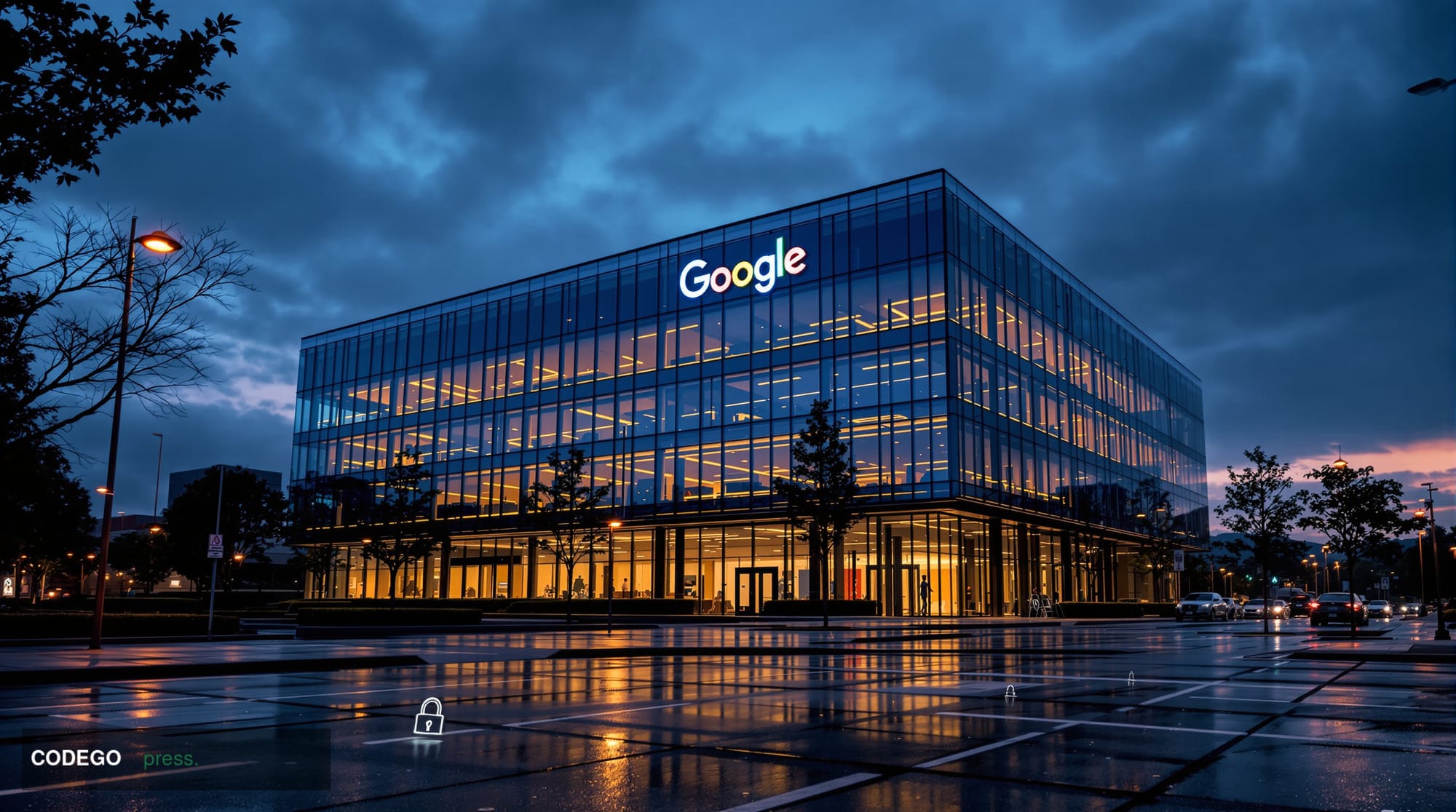 A dramatic photorealistic editorial photograph showing Google's Mountain View headquarters campus at dusk, with the iconic co