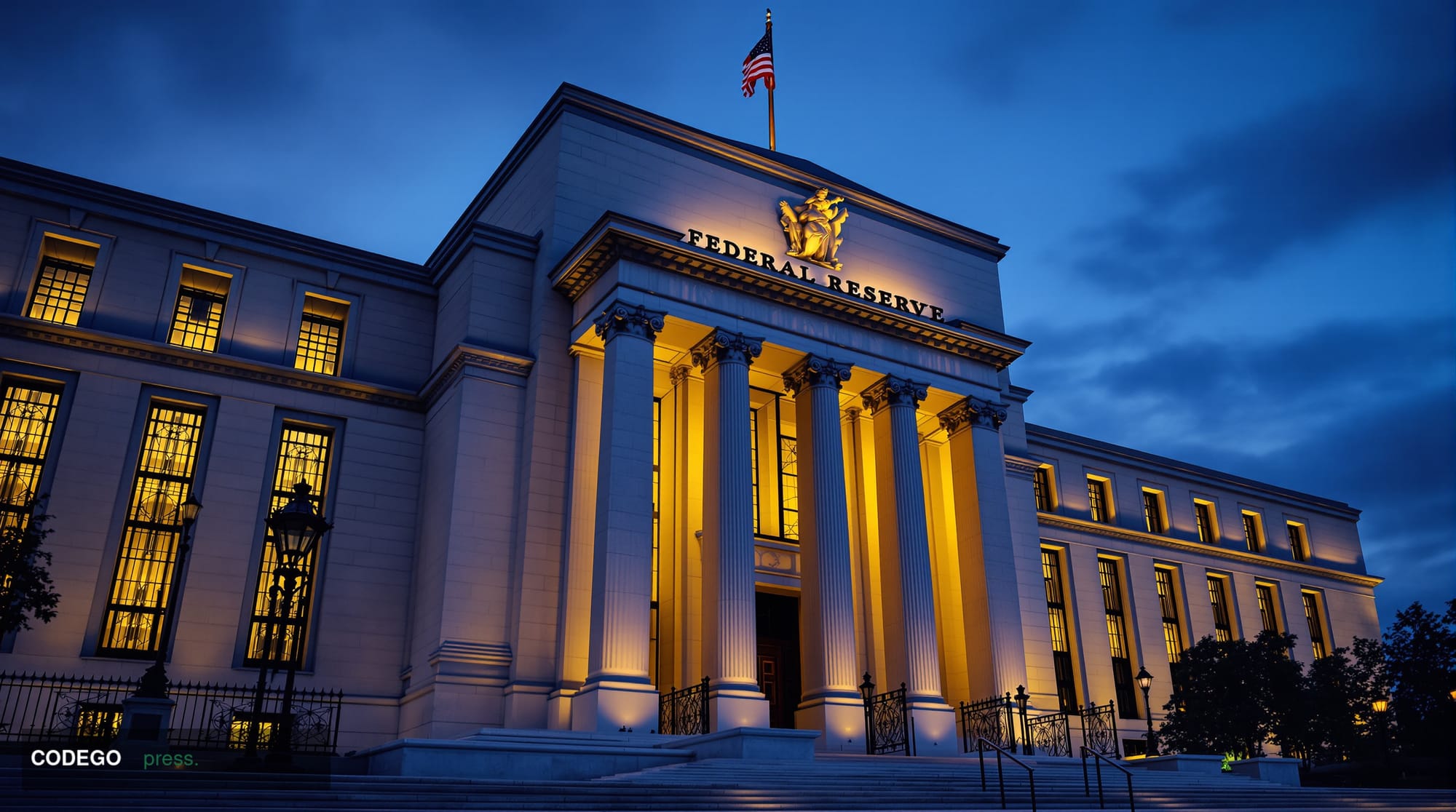 A dramatic editorial photograph of the Federal Reserve building in Washington D.C. at twilight, shot from a low angle to emph