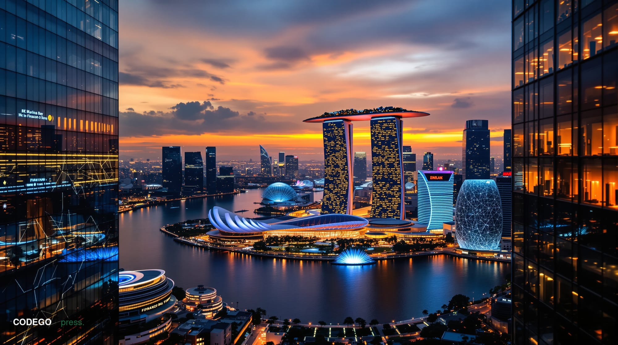 A dramatic aerial view of Singapore's iconic Marina Bay Sands and surrounding financial district skyline at golden hour, show