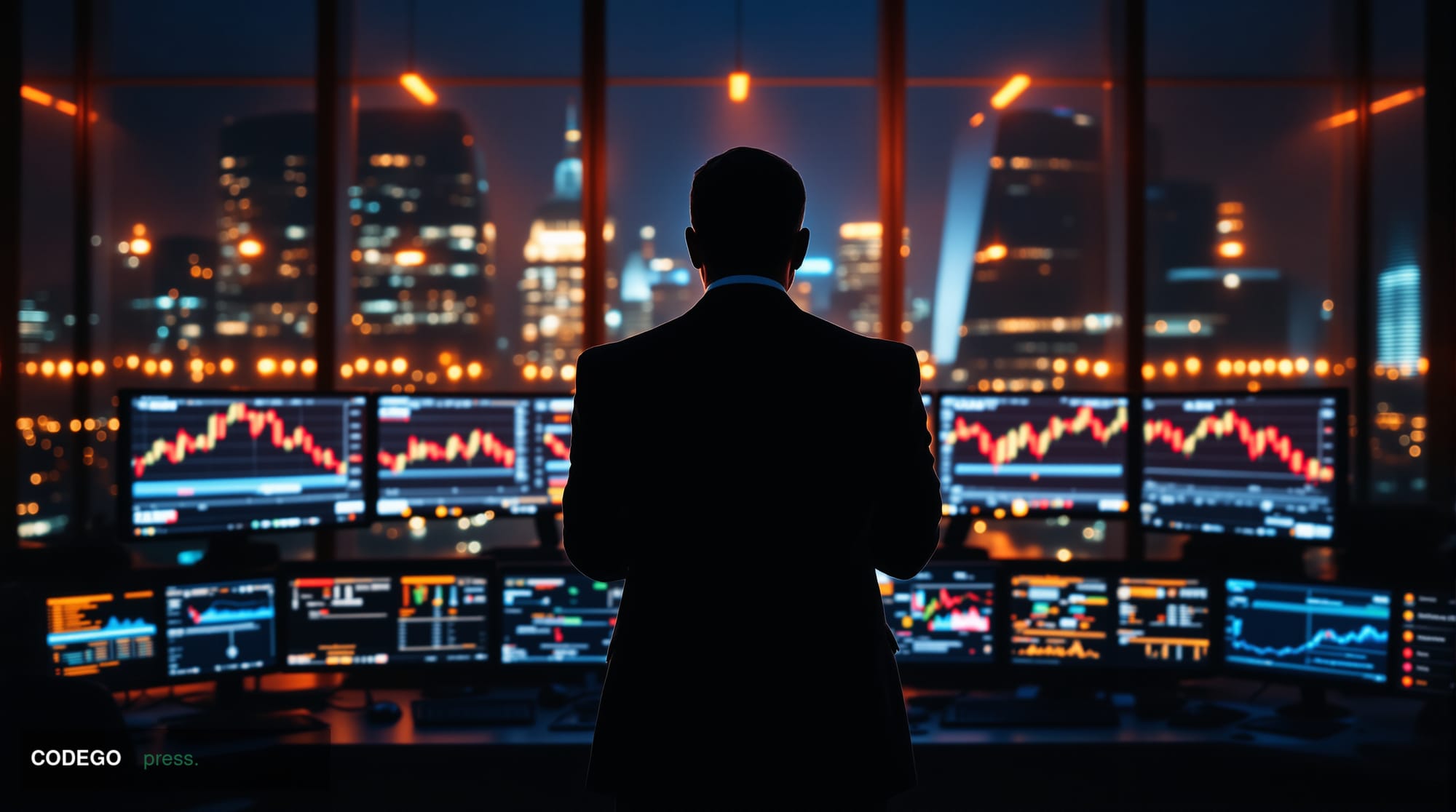 A cinematic editorial photograph showing a dramatic cryptocurrency trading floor scene with multiple monitors displaying Zcas