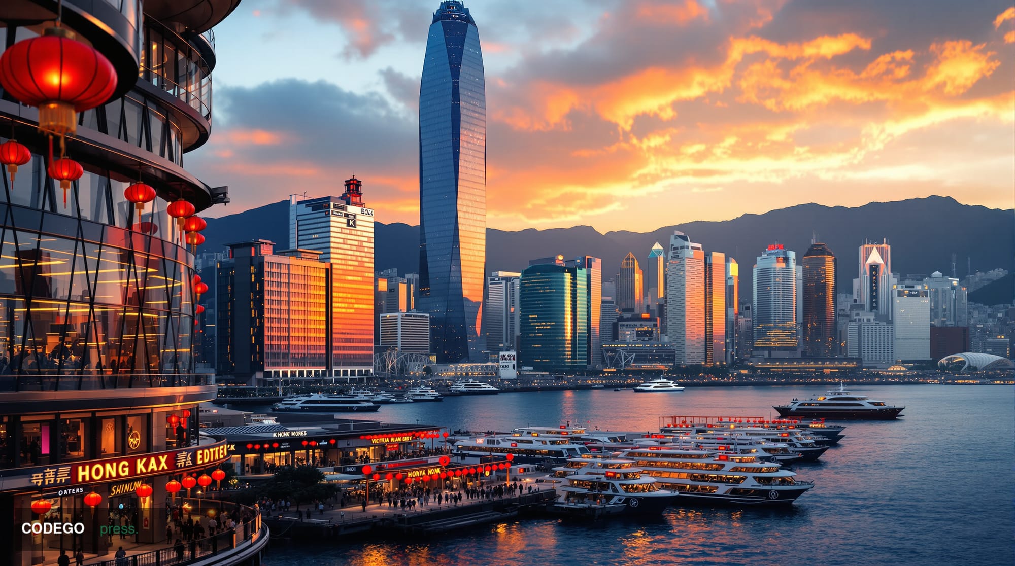 A dramatic evening view of Hong Kong's Central District financial skyline featuring the iconic IFC Tower and Bank of China To
