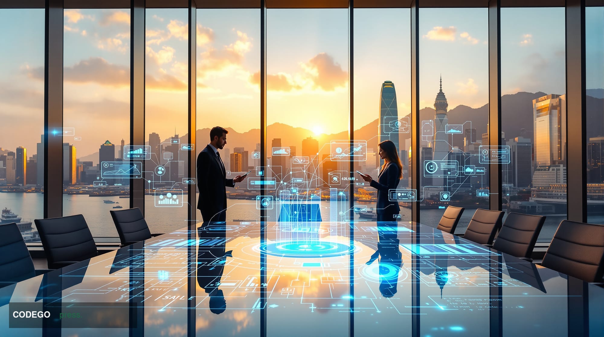 A modern glass-walled financial regulatory office overlooking Victoria Harbour in Hong Kong, with floor-to-ceiling windows fr