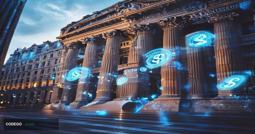 A striking editorial photograph capturing the tension between traditional British financial power and digital innovation. The