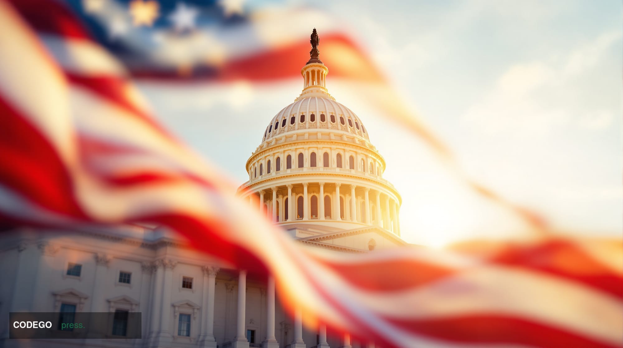 A cinematic editorial photograph of the US Capitol building's iconic dome and neoclassical architecture shot from a low angle