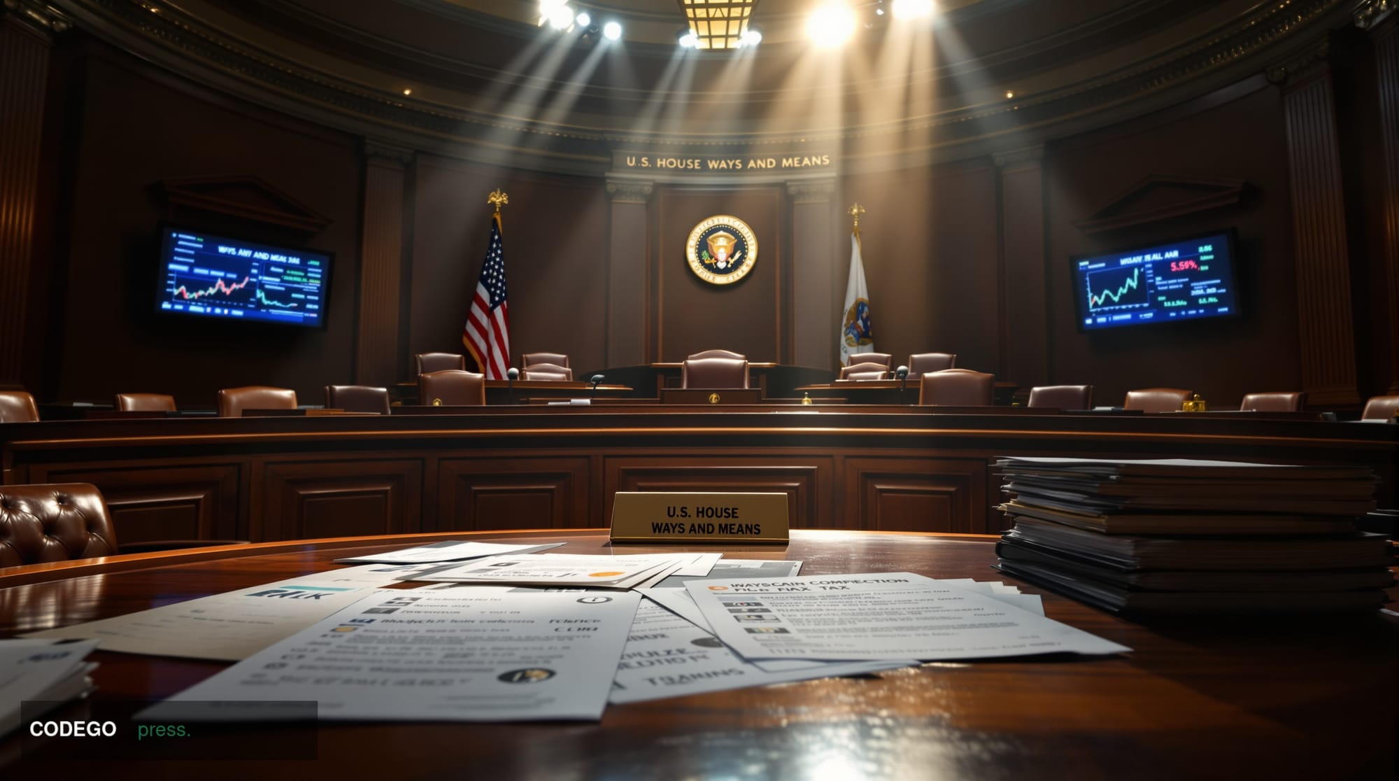 A cinematic editorial photograph of the House Ways and Means Committee chamber in the U.S. Capitol building, shot from an ele