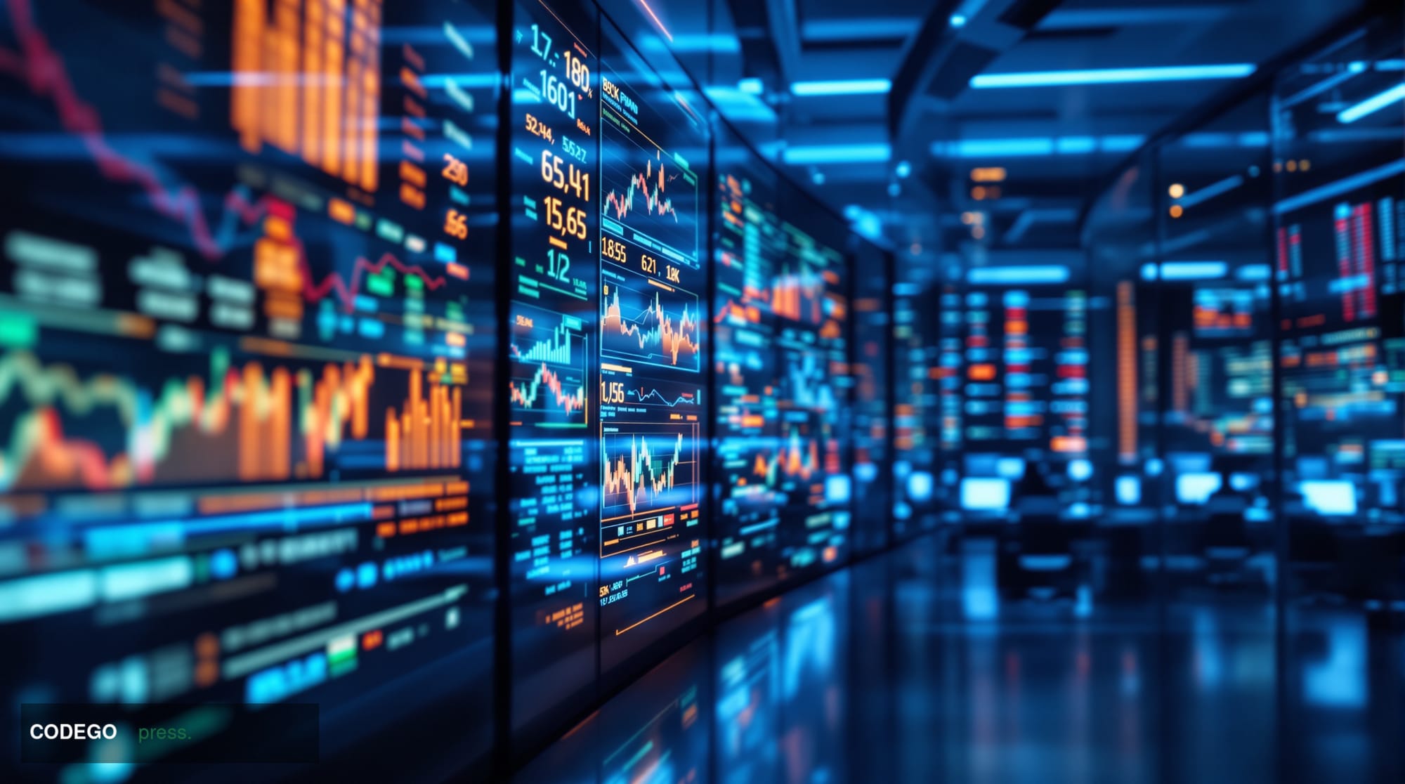 A dramatic photorealistic editorial photograph showing a modern cryptocurrency exchange trading floor or control room, with m