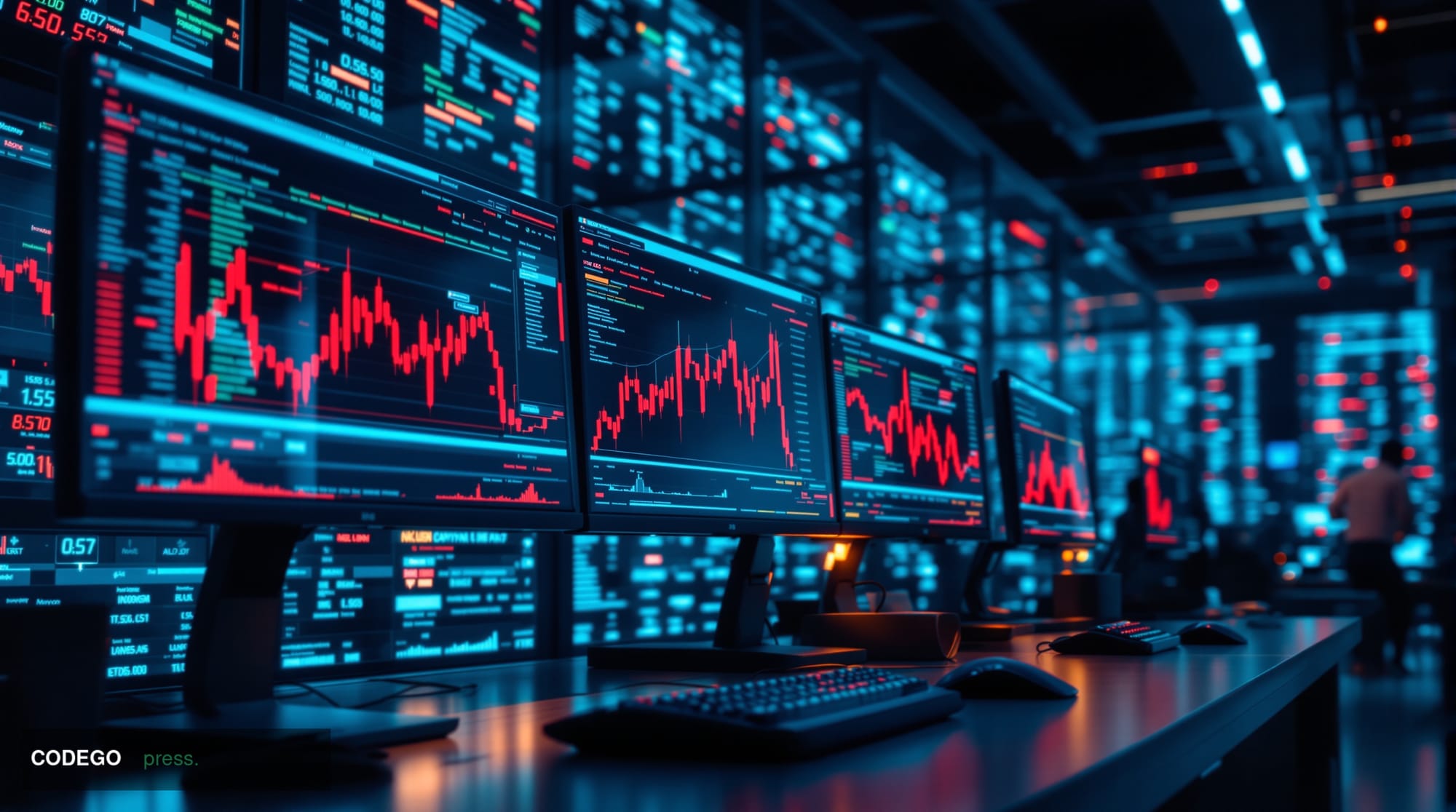 A photorealistic editorial photograph showing the stark contrast between digital vulnerability and financial impact. The scen
