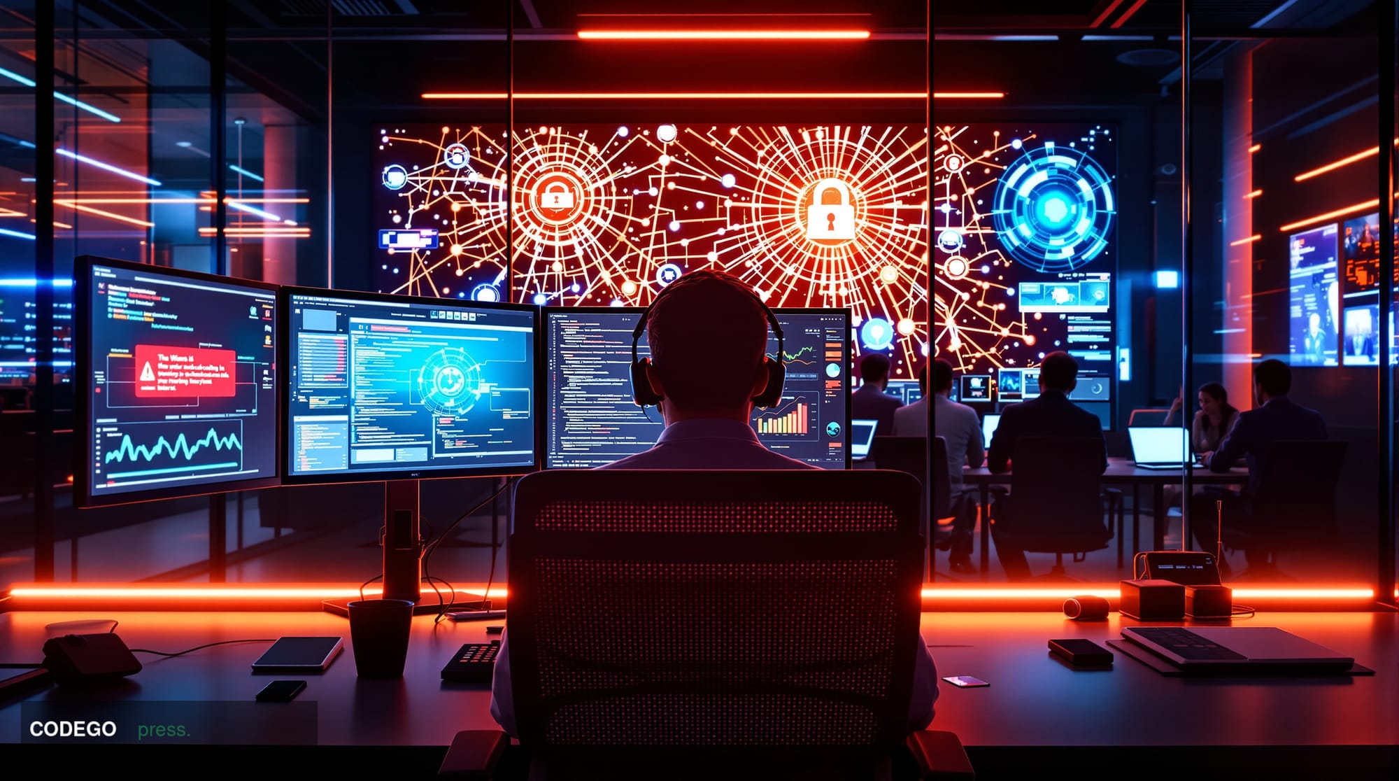 A dramatic photorealistic scene showing a developer's compromised workstation in a modern blockchain company office, with mul