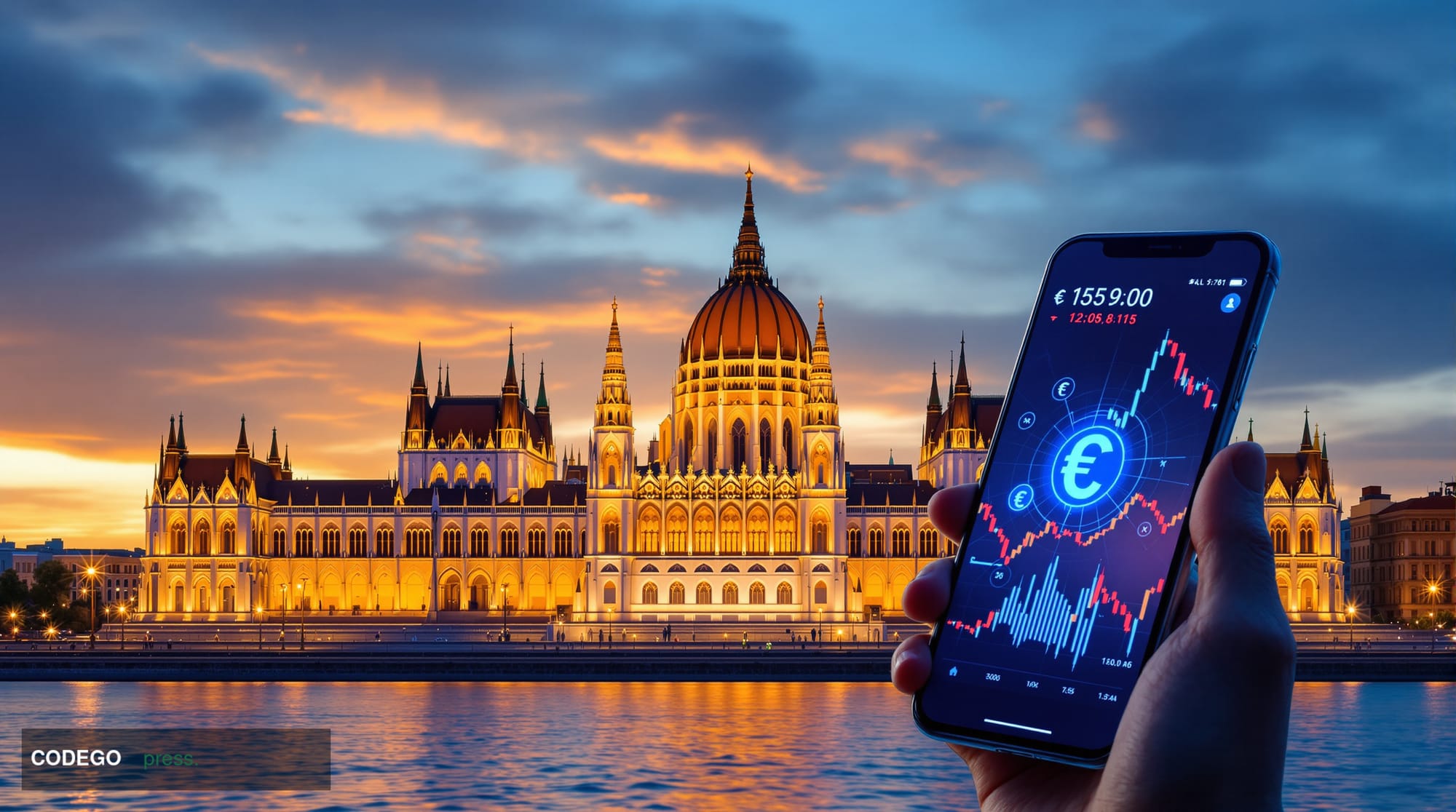 A cinematic editorial photograph of the Hungarian Parliament Building in Budapest at golden hour, with its iconic Gothic Revi