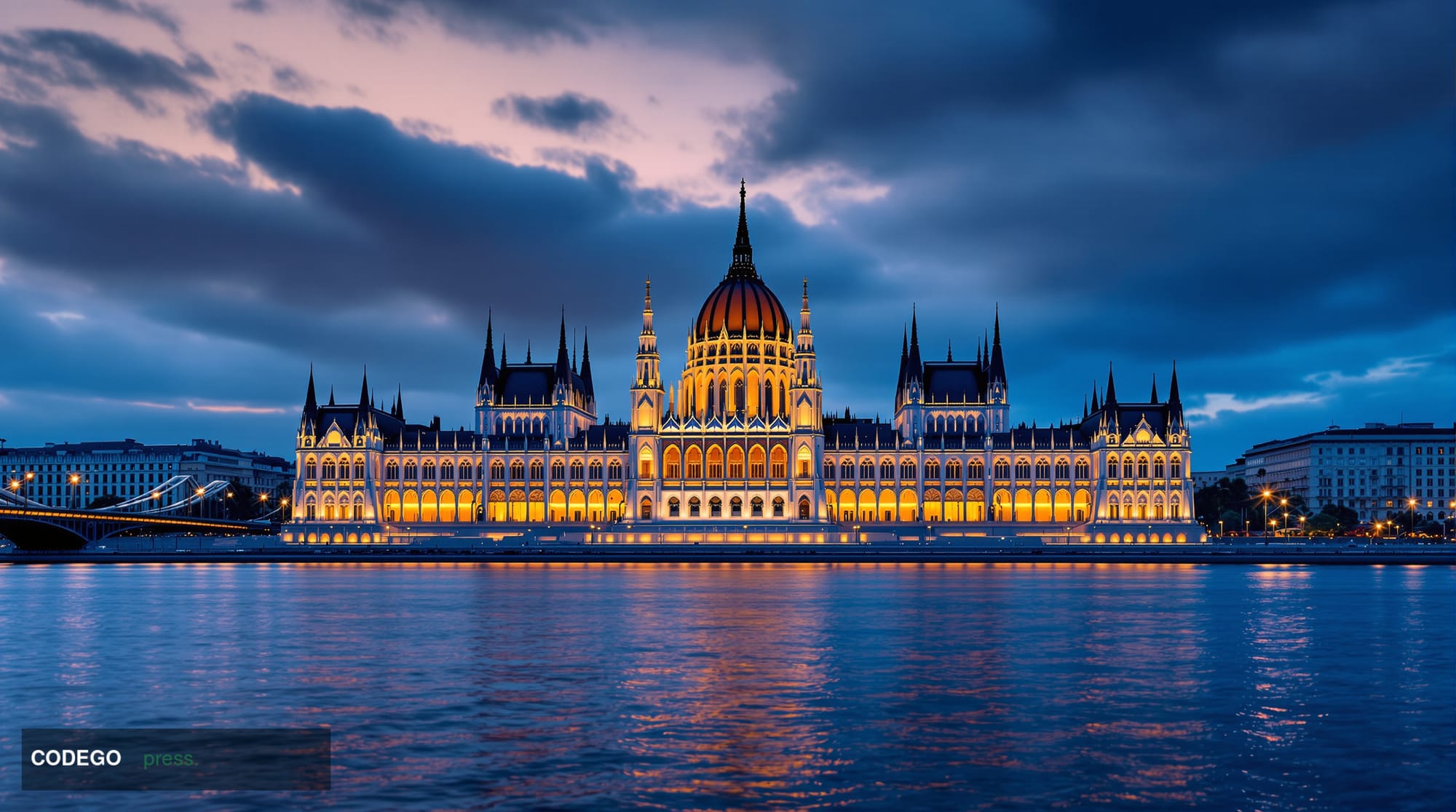 A cinematic editorial photograph showcasing Hungary's Parliament building in Budapest along the Danube River, with its distin