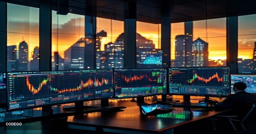 A cinematic editorial photograph showcasing the Hyperliquid platform interface displayed on multiple high-end trading monitor