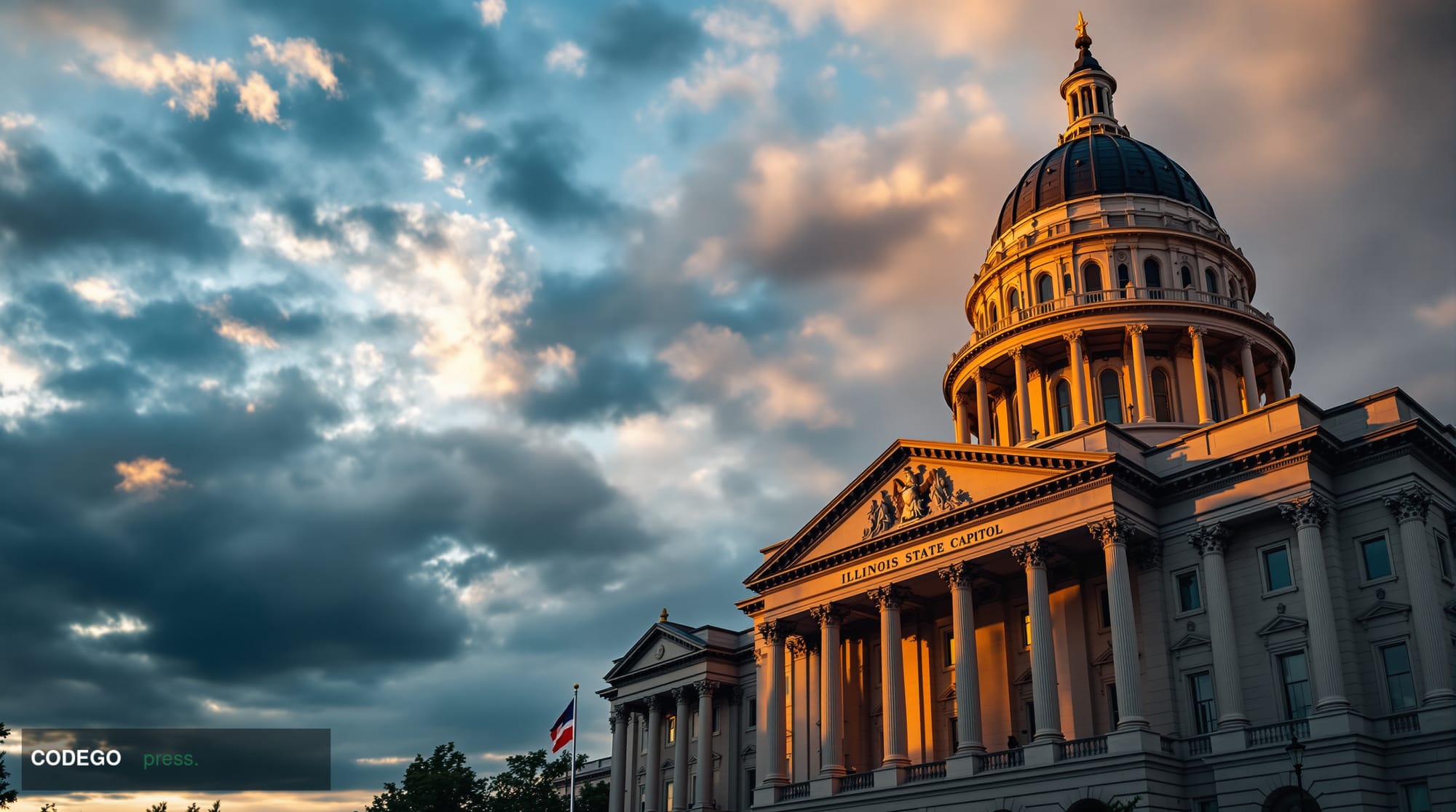 A dramatic editorial photograph capturing the Illinois State Capitol building in Springfield at golden hour, with its distinc