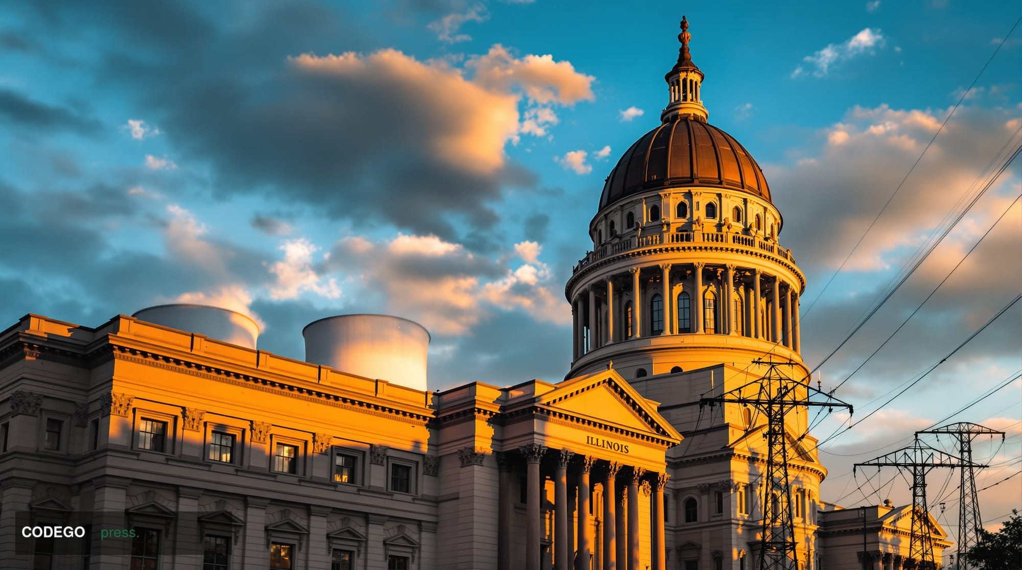 A dramatic editorial photograph of the Illinois State Capitol building in Springfield at golden hour, with the distinctive li