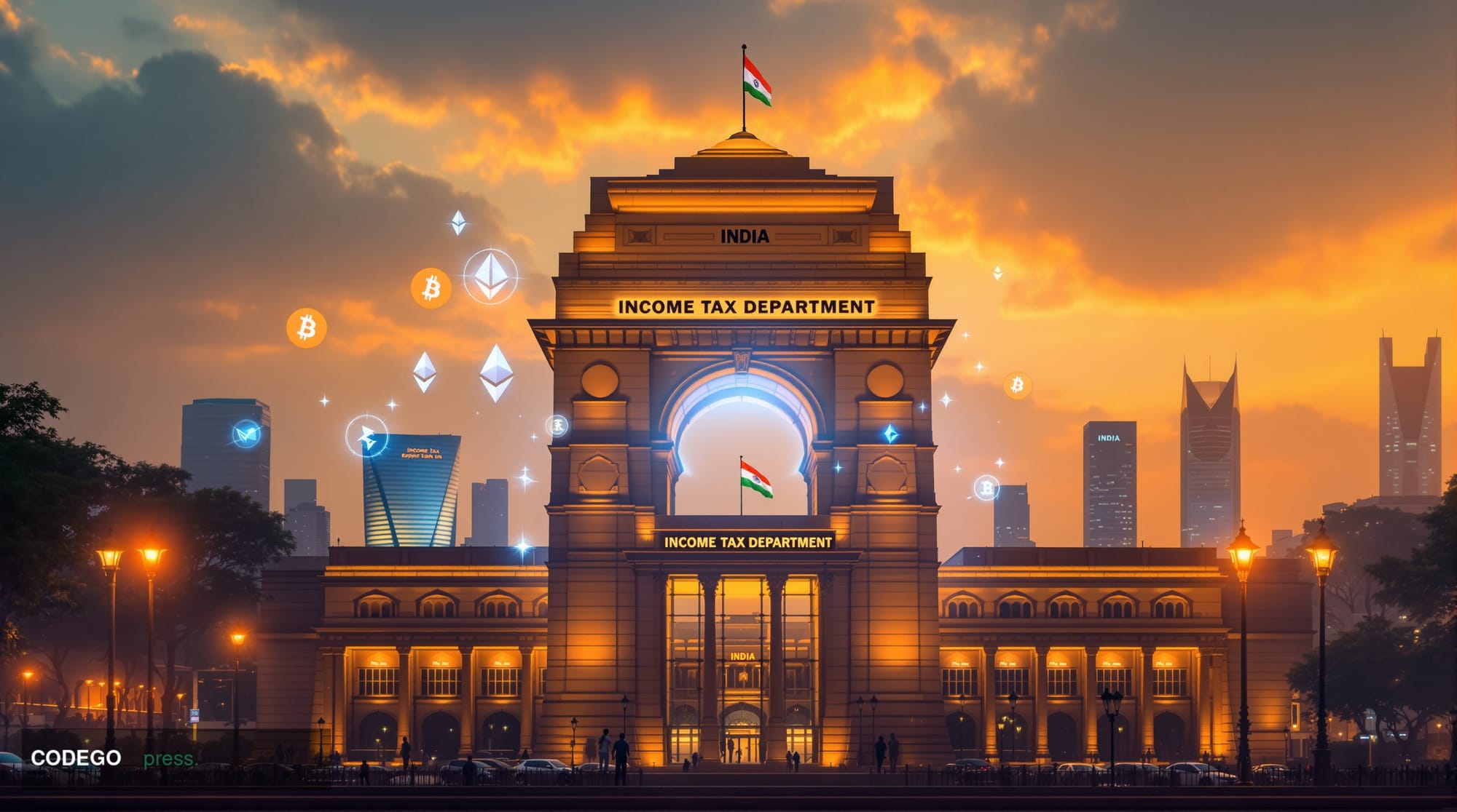 A dramatic editorial photograph showcasing India's cryptocurrency tax enforcement crackdown, featuring the iconic India Gate 