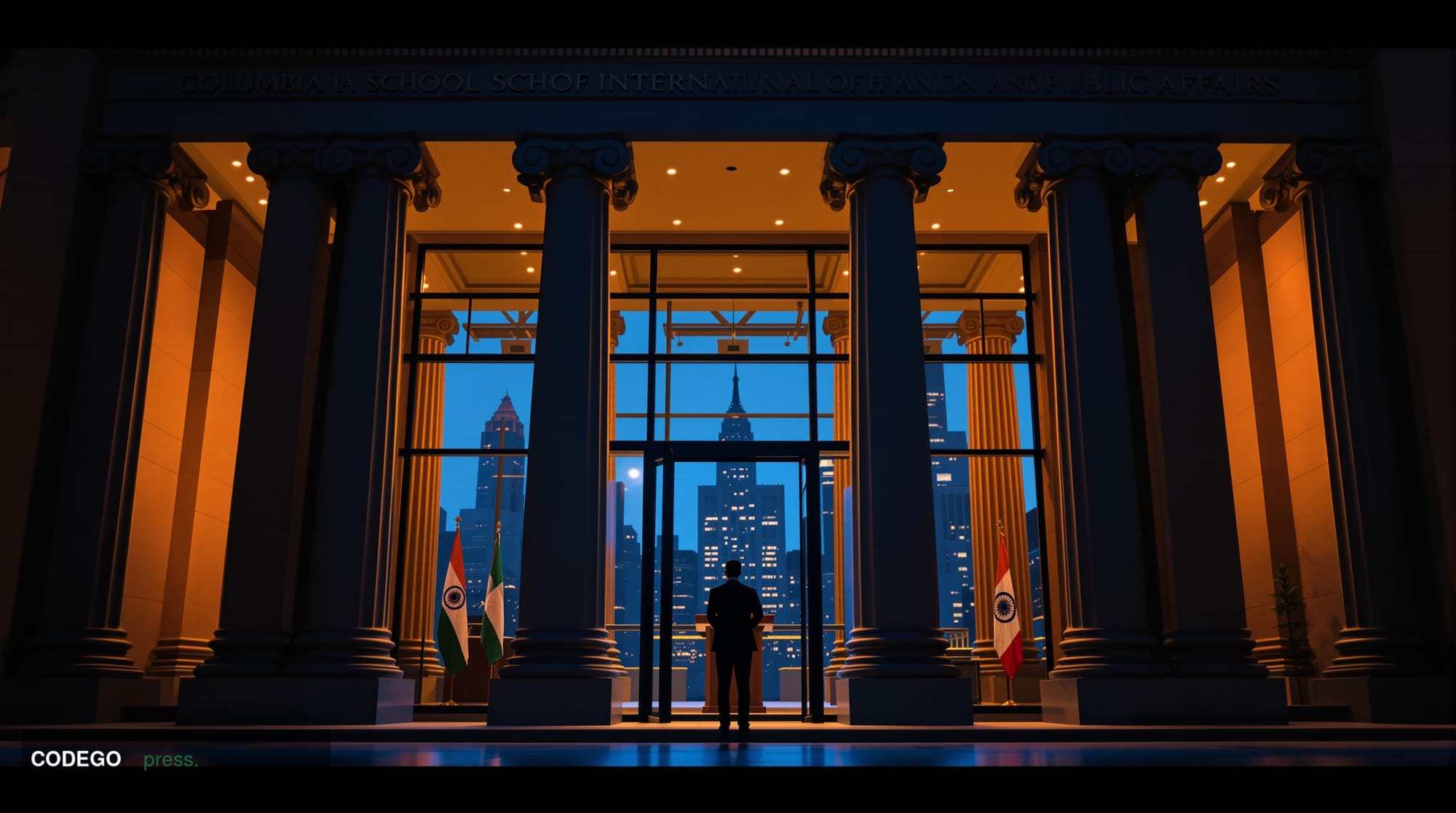 A cinematic editorial photograph of Columbia University's School of International and Public Affairs building in Manhattan, w