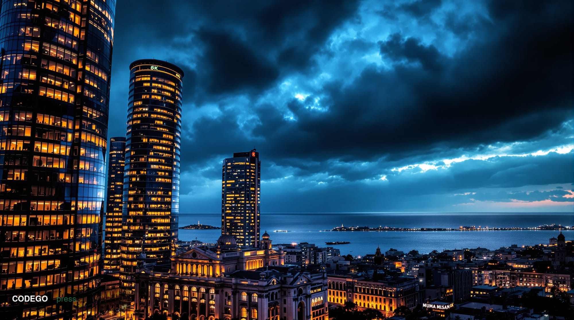 A dramatic editorial photograph capturing India's financial district in Mumbai, featuring the iconic skyscrapers of Bandra Ku