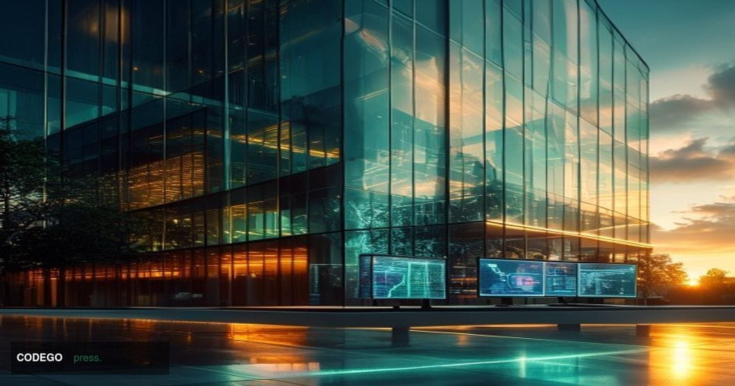 A photorealistic editorial photograph showing Interactive Brokers' corporate headquarters in Greenwich, Connecticut, captured