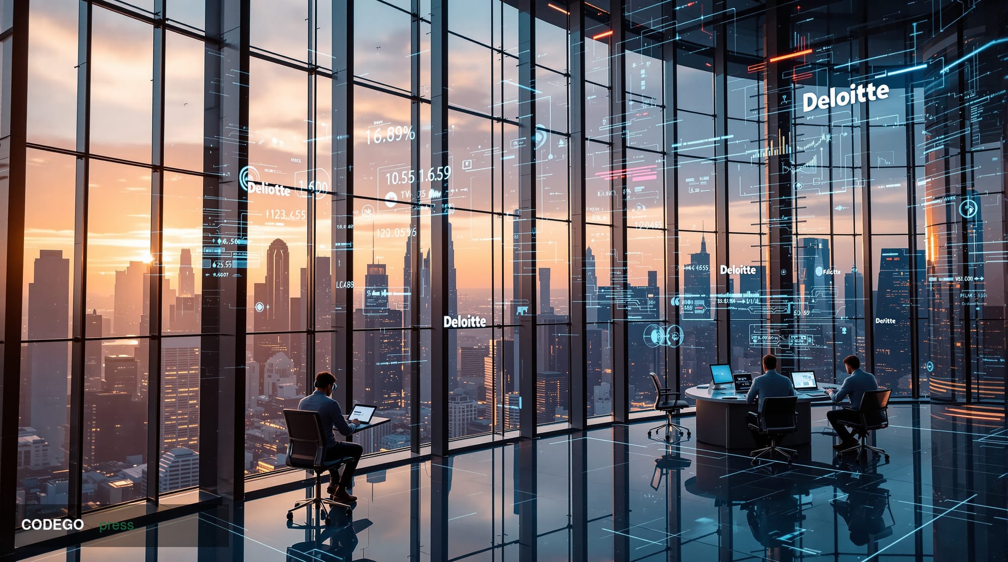 A cinematic editorial photograph of a futuristic investment banking trading floor in 2030, featuring sleek glass and steel ar