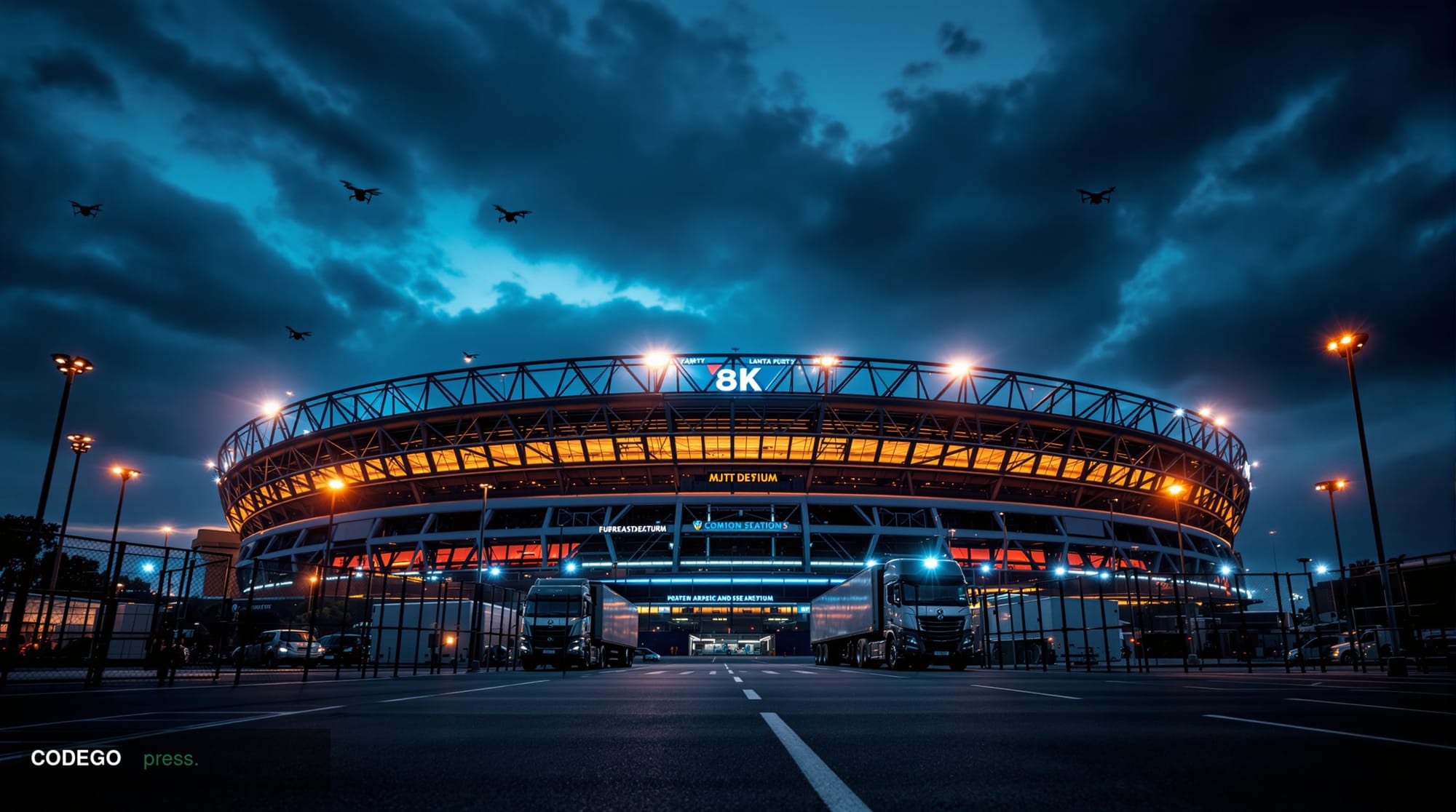 A cinematic editorial photograph showing the iconic silhouette of a major World Cup stadium at dusk, with dramatic chiaroscur