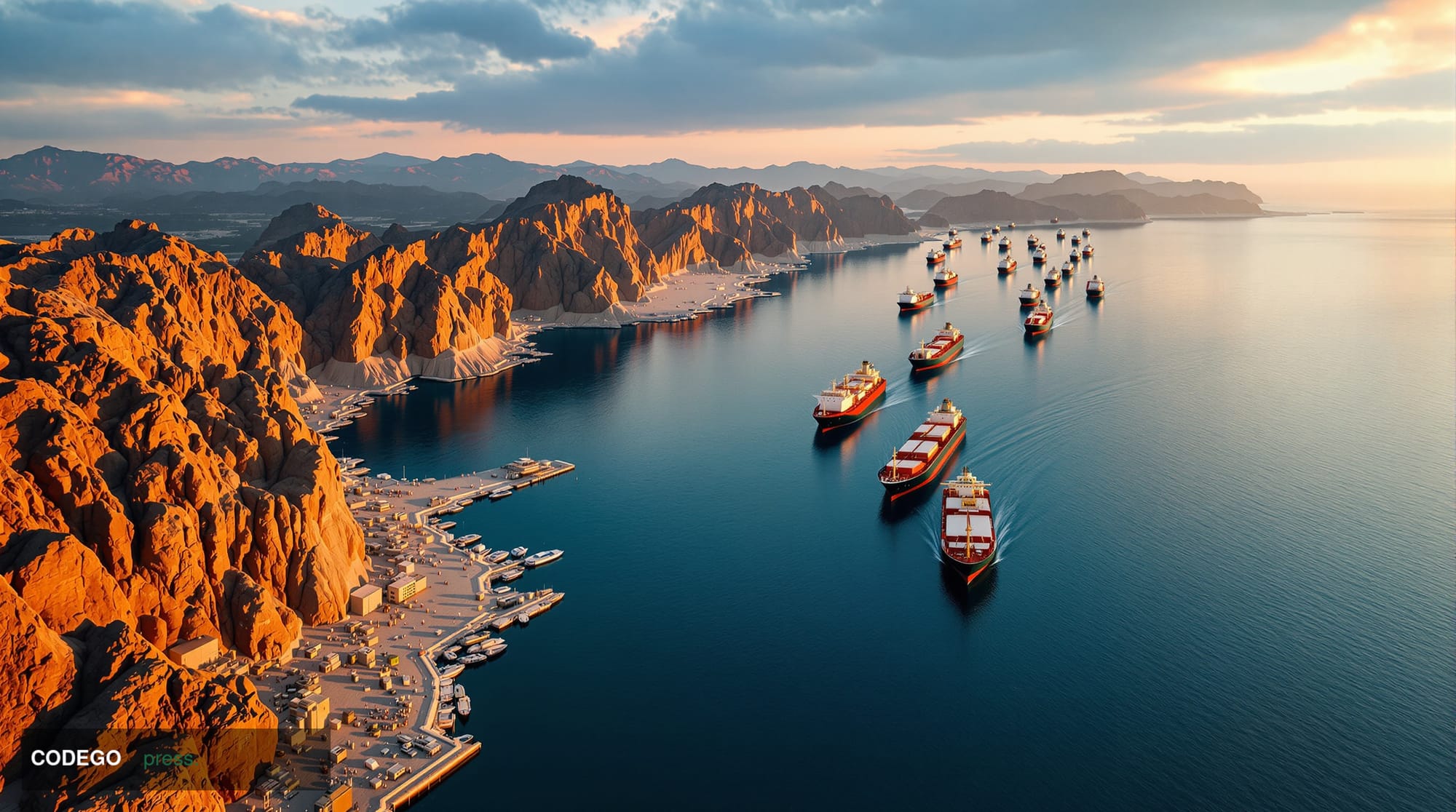 A dramatic aerial view of the Strait of Hormuz at golden hour, showing the narrow waterway between Iran and the Arabian Penin