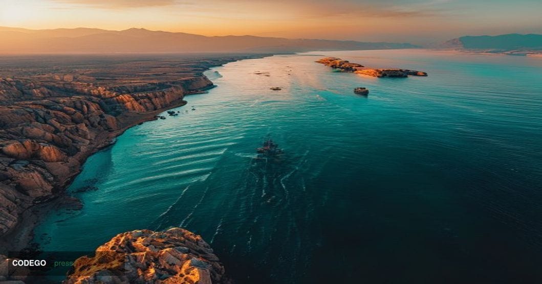 A cinematic editorial photograph capturing the Strait of Hormuz from an elevated aerial perspective during golden hour, showi