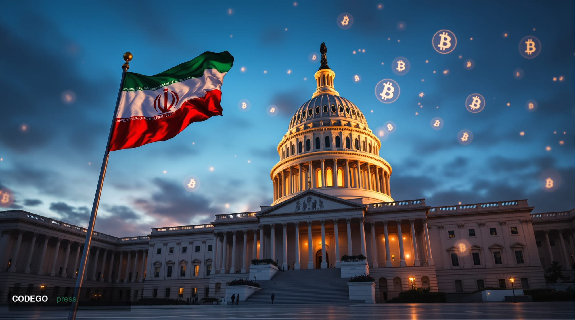 A dramatic wide-angle shot of the United States Capitol building in Washington DC at golden hour, with the Iranian flag visib