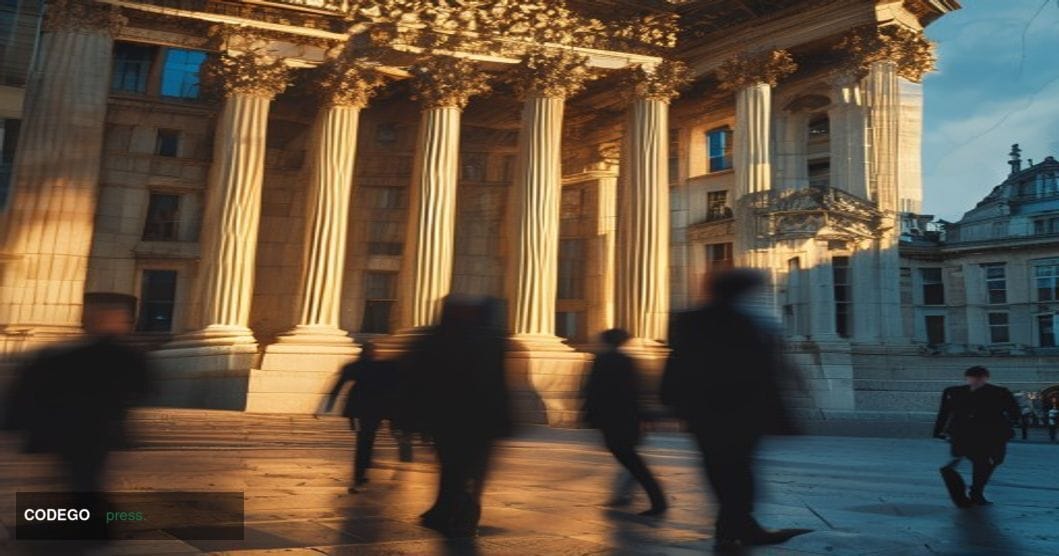 A photorealistic editorial photograph capturing the gravitas of Irish financial regulation, shot from a low angle showing the