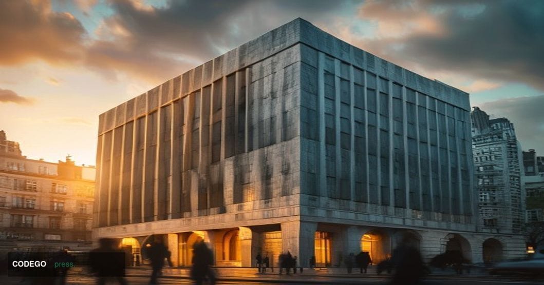 Cinematic editorial photograph of the Central Bank of Ireland's distinctive modernist headquarters building on Dame Street in