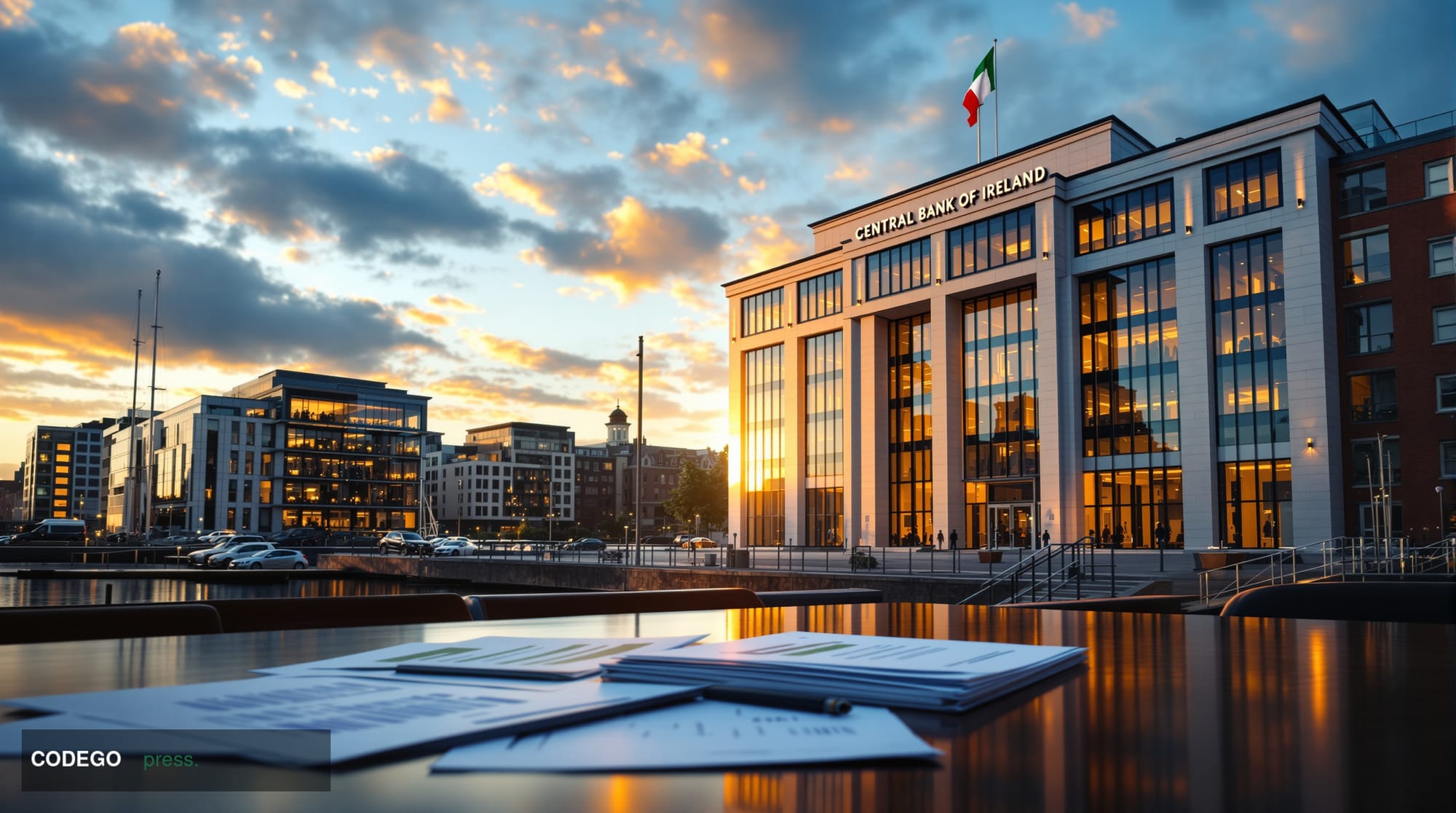 A photorealistic editorial photograph capturing the imposing neoclassical facade of the Central Bank of Ireland headquarters 