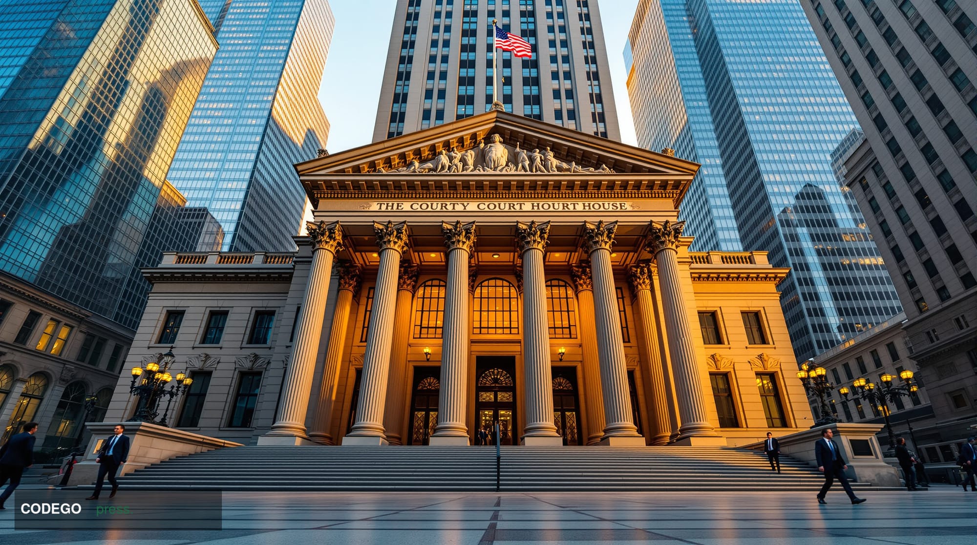 A cinematic editorial photograph of the imposing federal courthouse building in Lower Manhattan that houses the US Attorney's