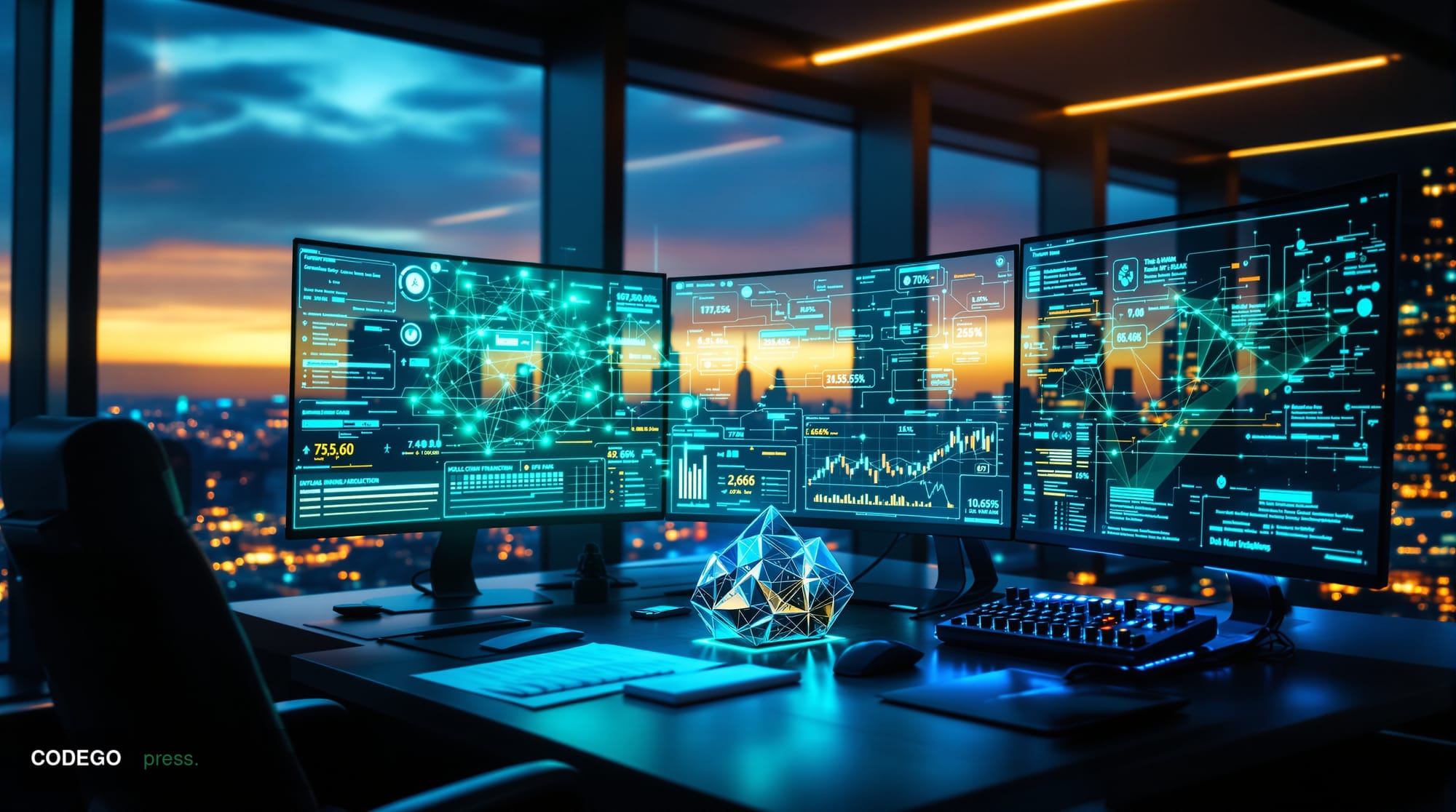 # Image Prompt:

A sleek, modern financial trading floor bathed in cool blue and silver lighting, featuring a high-end workst