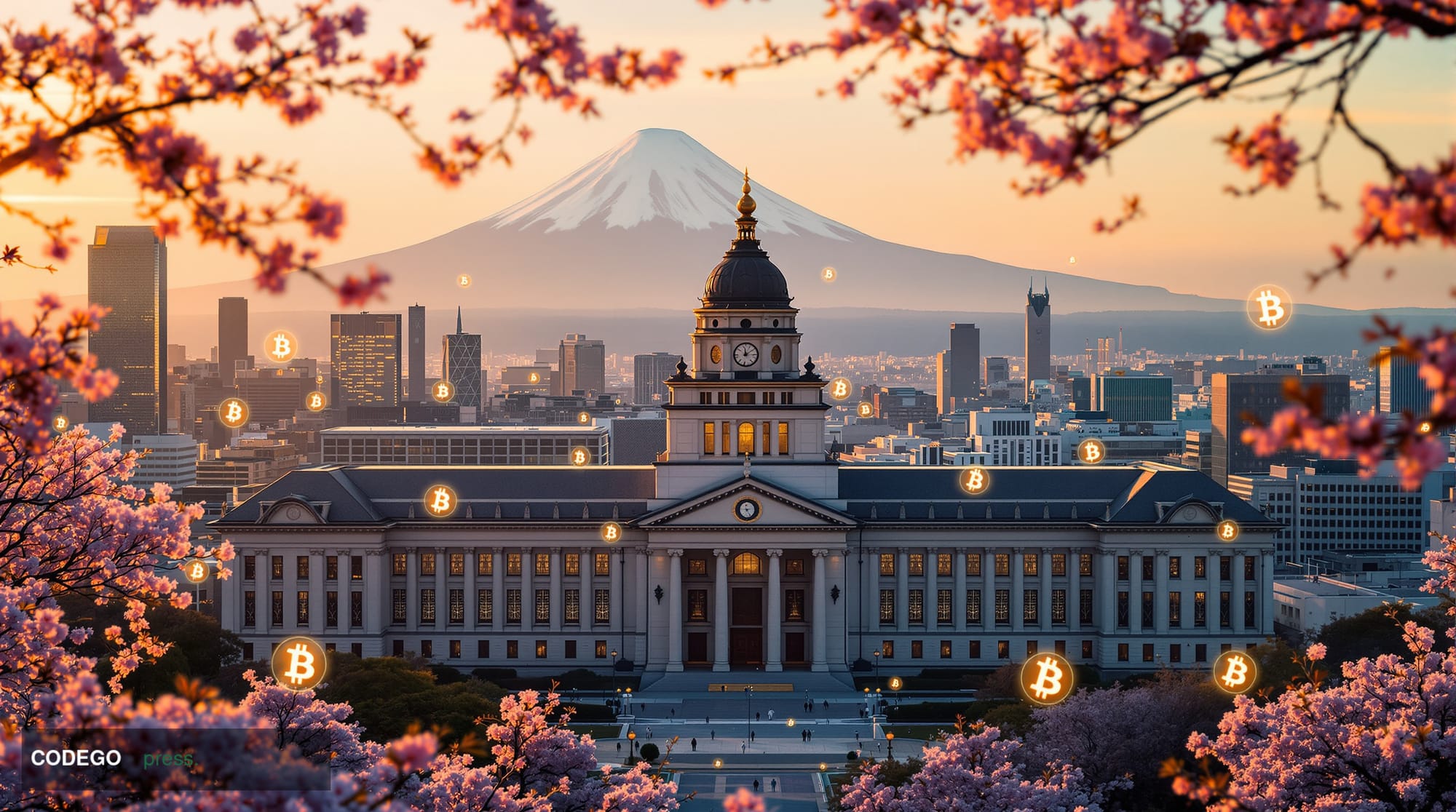 A cinematic wide-angle photograph of the Japanese Diet Building (National Capitol) in Tokyo at golden hour, with dramatic chi