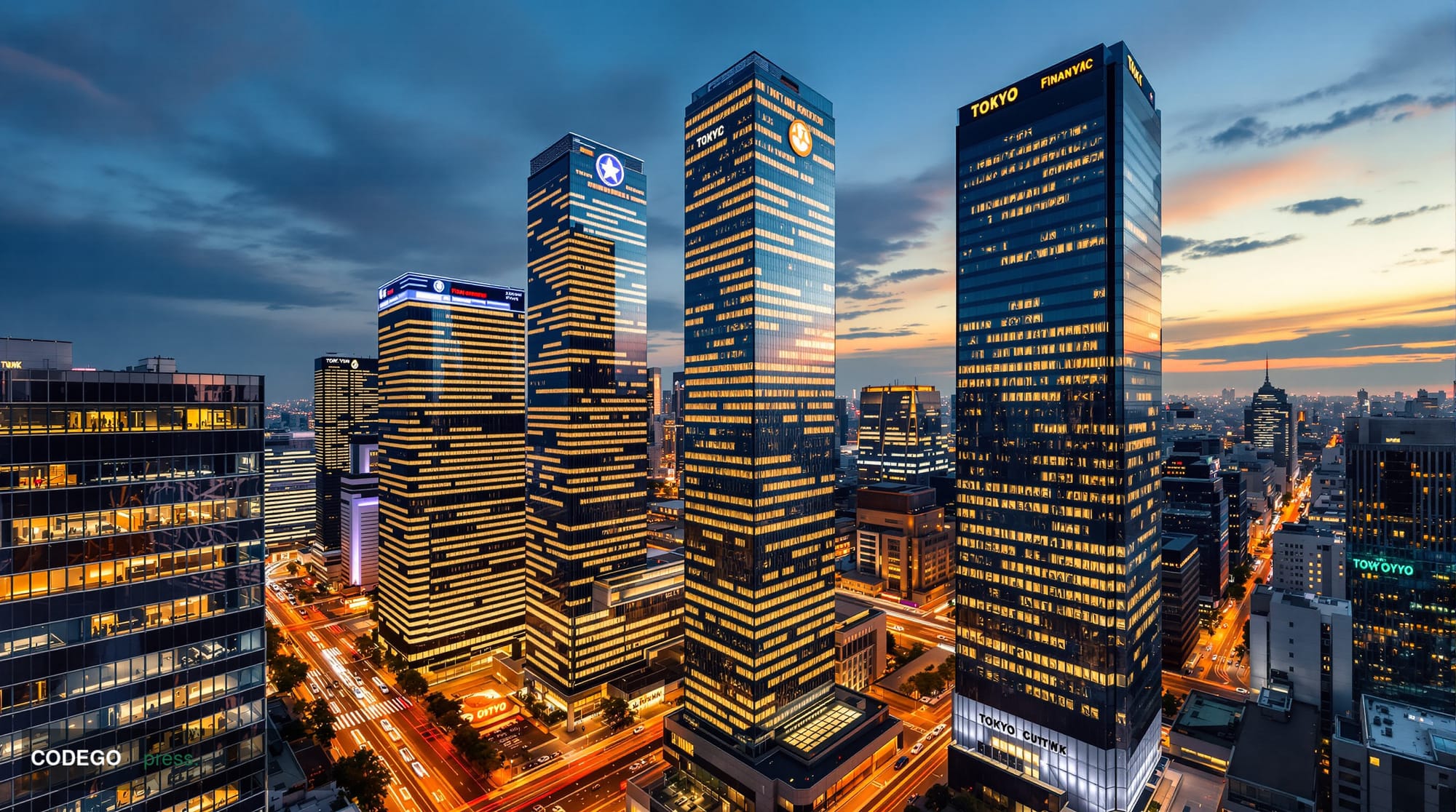 A dramatic wide-angle photograph of Tokyo's financial district at twilight, showcasing the towering headquarters of Japan's m