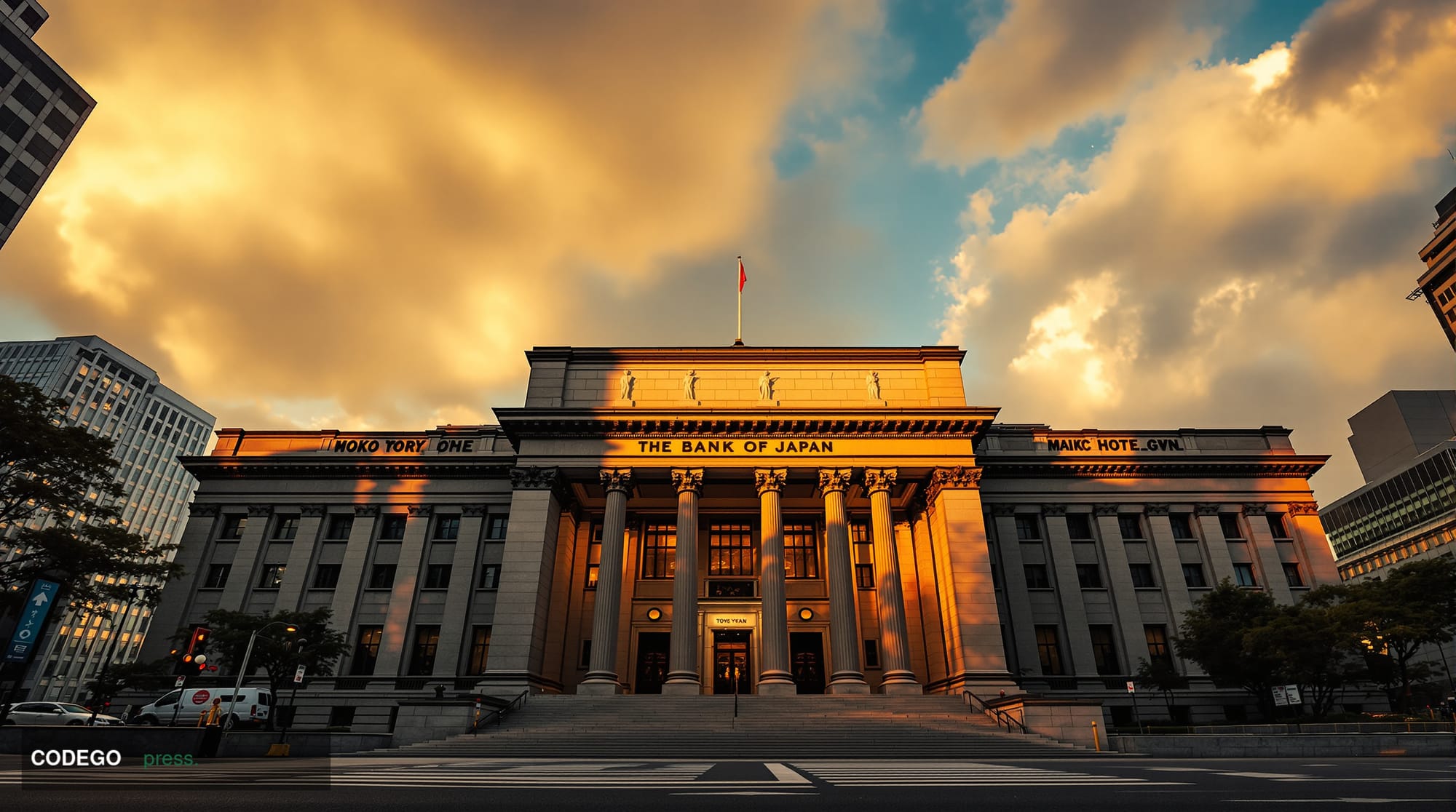 A cinematic editorial photograph of the Bank of Japan headquarters building in Tokyo's Nihonbashi district, captured during t