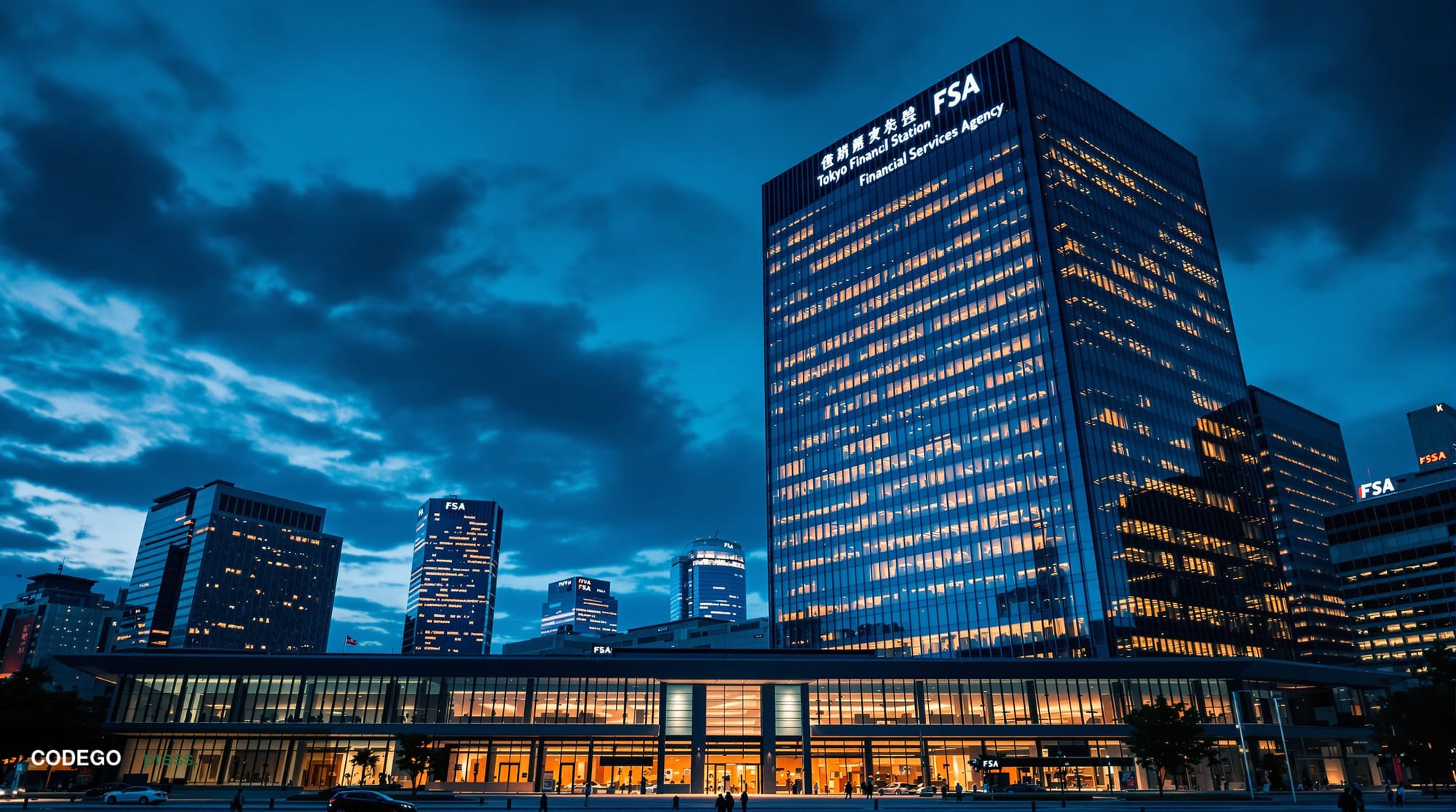 A cinematic editorial photograph showcasing Tokyo's financial district with the distinctive skyline of Marunouchi and Otemach