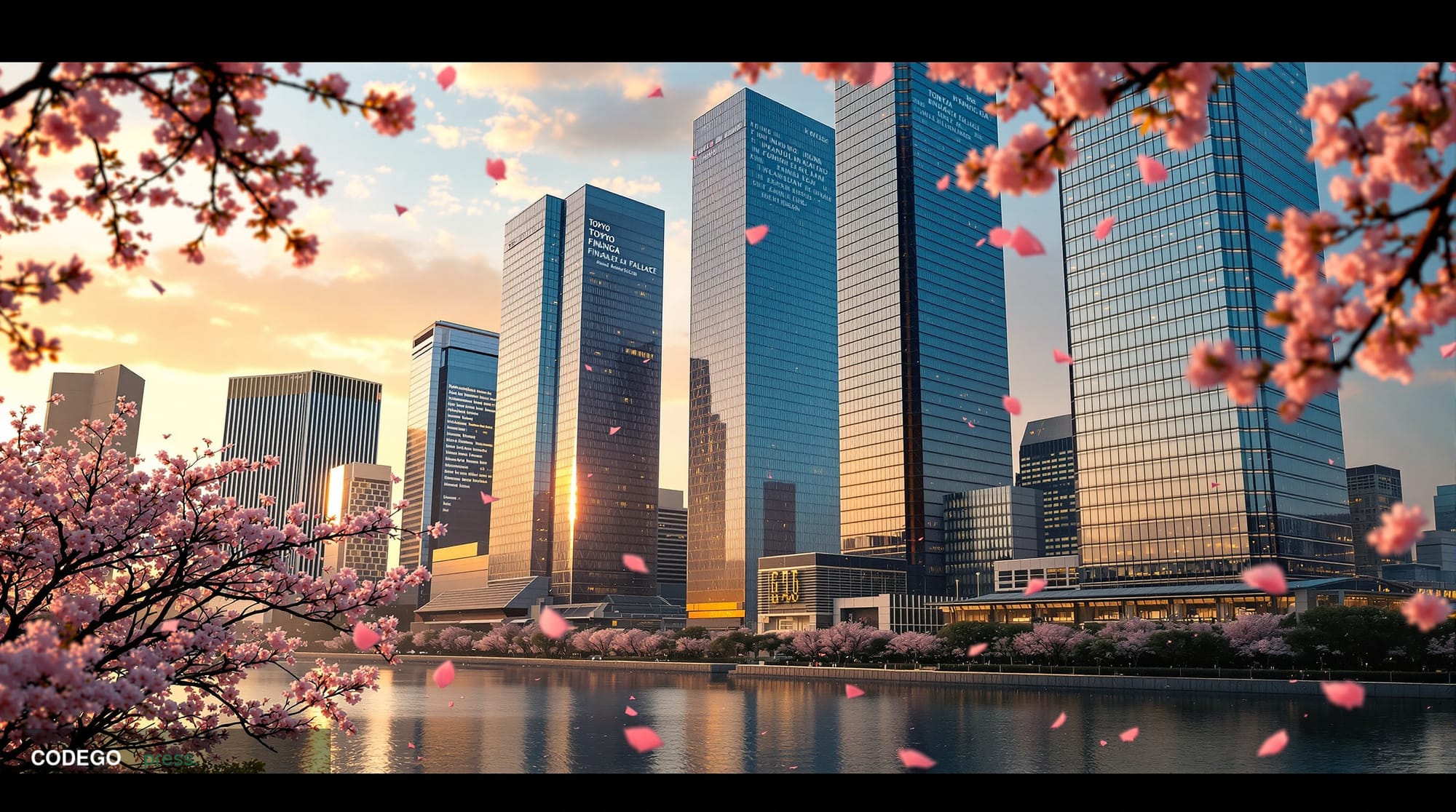 A striking cinematic photograph of Tokyo's financial district at golden hour, featuring the iconic skyscrapers housing Japan'