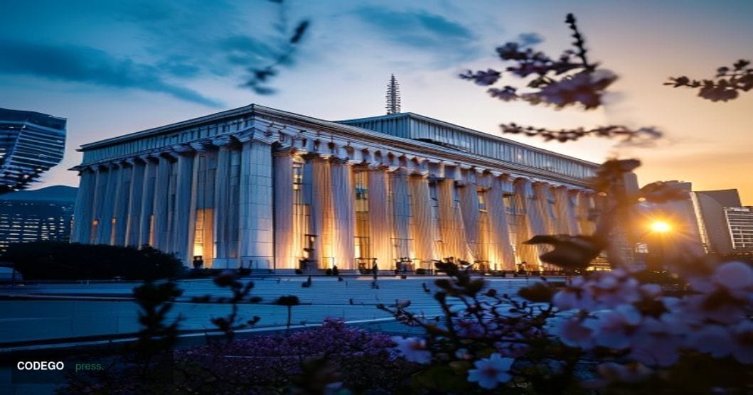 A cinematic editorial photograph of the Japanese Diet building (National Parliament) in Tokyo during golden hour, with the di
