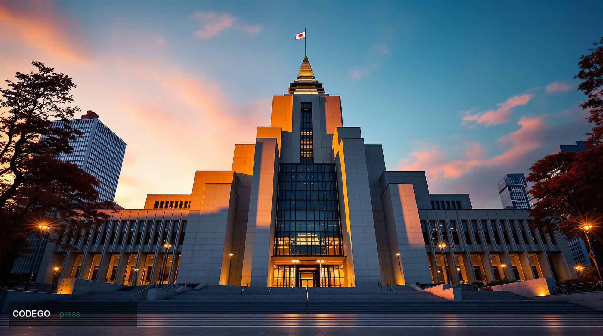A striking editorial photograph showcasing Japan's National Diet Building (parliament) in Tokyo, captured during golden hour 