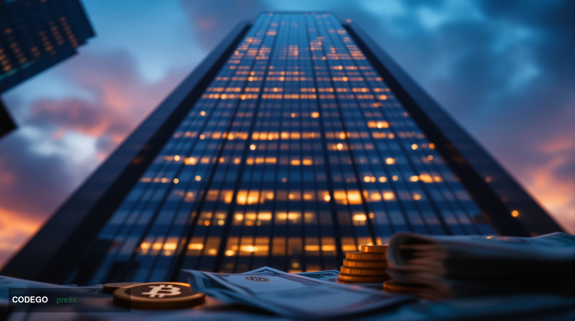 A cinematic editorial photograph capturing the tension between cryptocurrency and traditional finance, shot from a low angle 