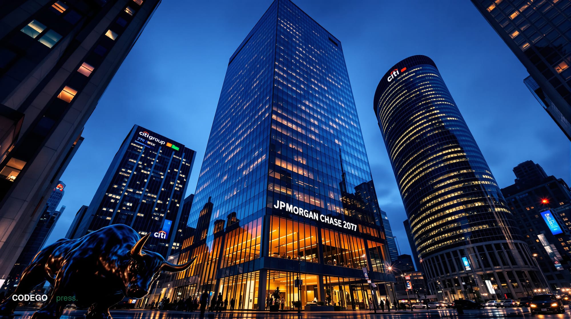 A dramatic cinematic photograph showcasing the imposing glass and steel headquarters of JPMorgan Chase at 270 Park Avenue in 