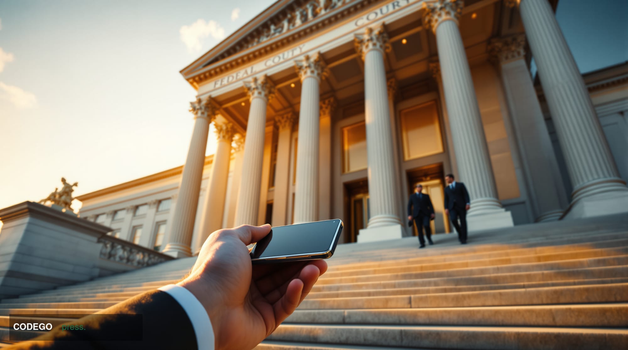A cinematic editorial photograph showcasing the imposing neoclassical facade of a federal courthouse with towering marble col