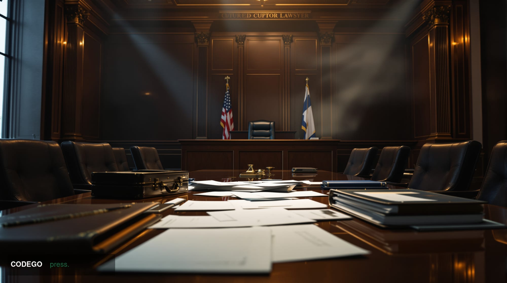 A dramatic photorealistic courtroom scene capturing the aftermath of a major banking lawsuit dismissal. The composition shows