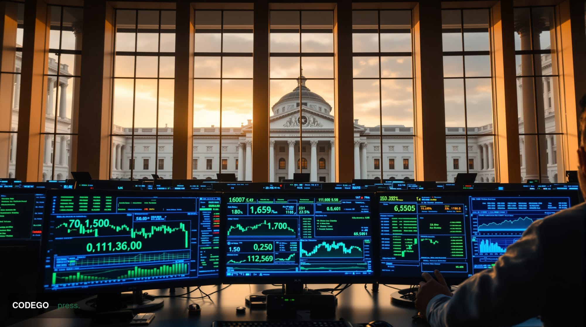 A dramatic editorial photograph showcasing the intersection of traditional finance and cryptocurrency derivatives trading. Th