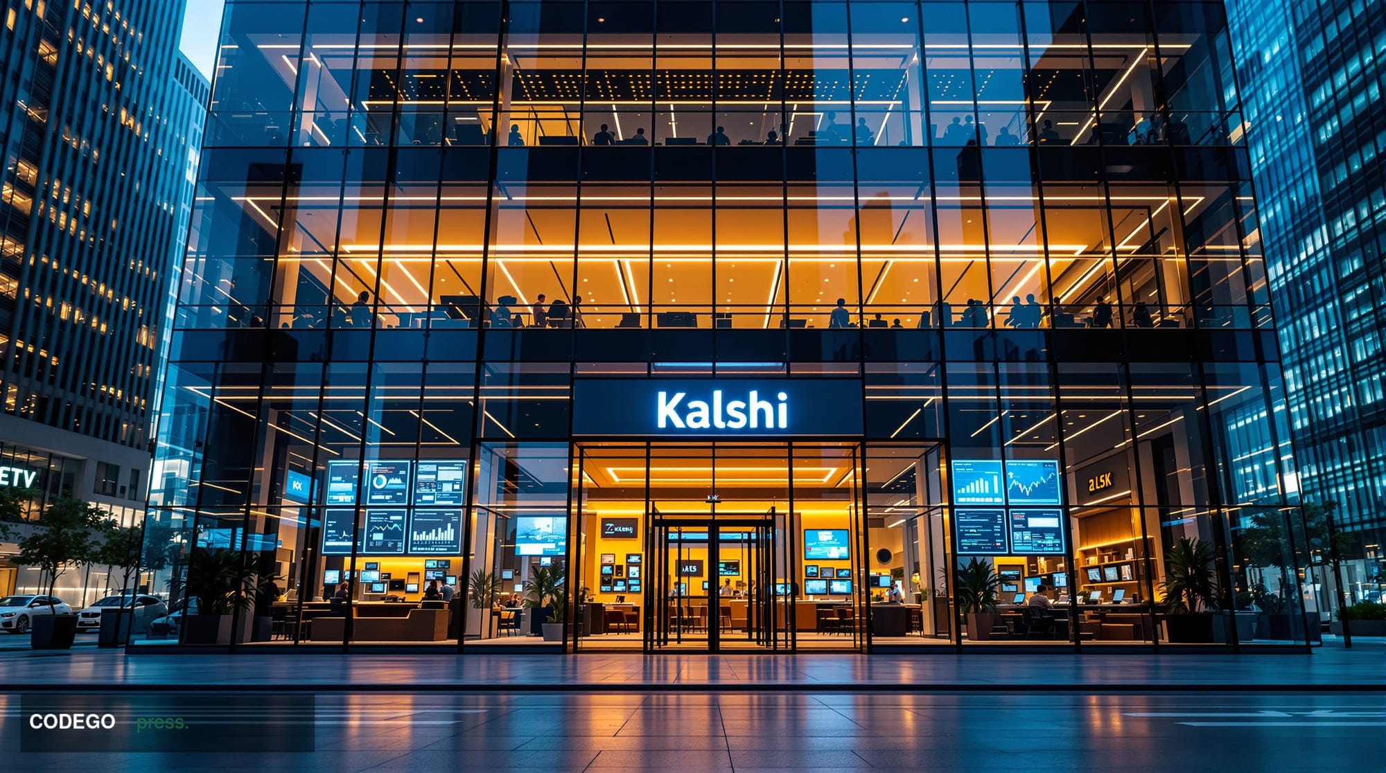 A cinematic editorial photograph capturing Kalshi's corporate headquarters or office environment with modern financial techno