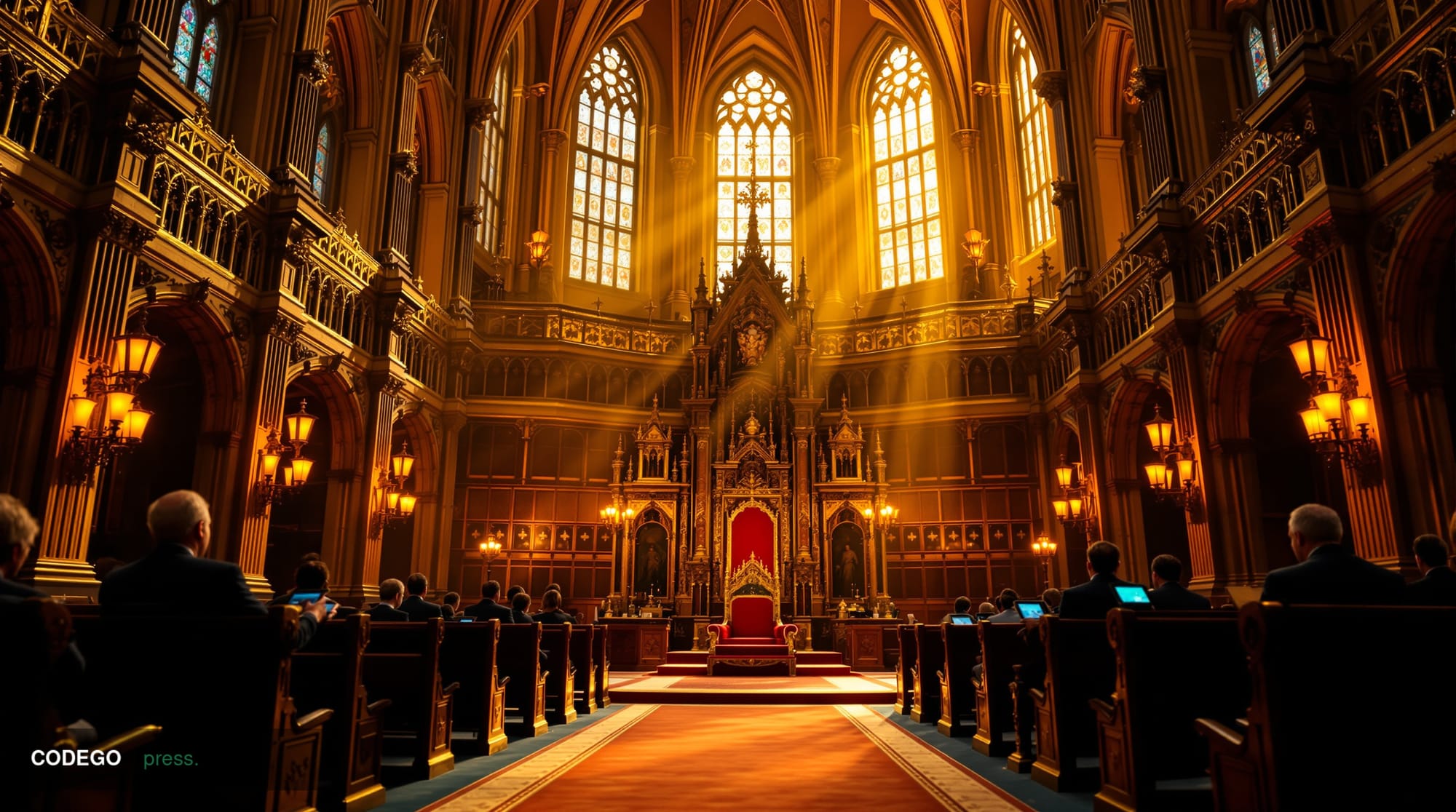 A cinematic editorial photograph capturing the grandeur of the UK Parliament's State Opening ceremony through a modern fintec