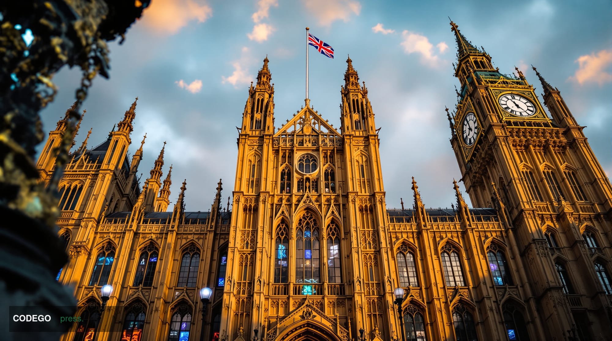 A cinematic editorial photograph capturing the grandeur of the UK Houses of Parliament during the State Opening ceremony, sho