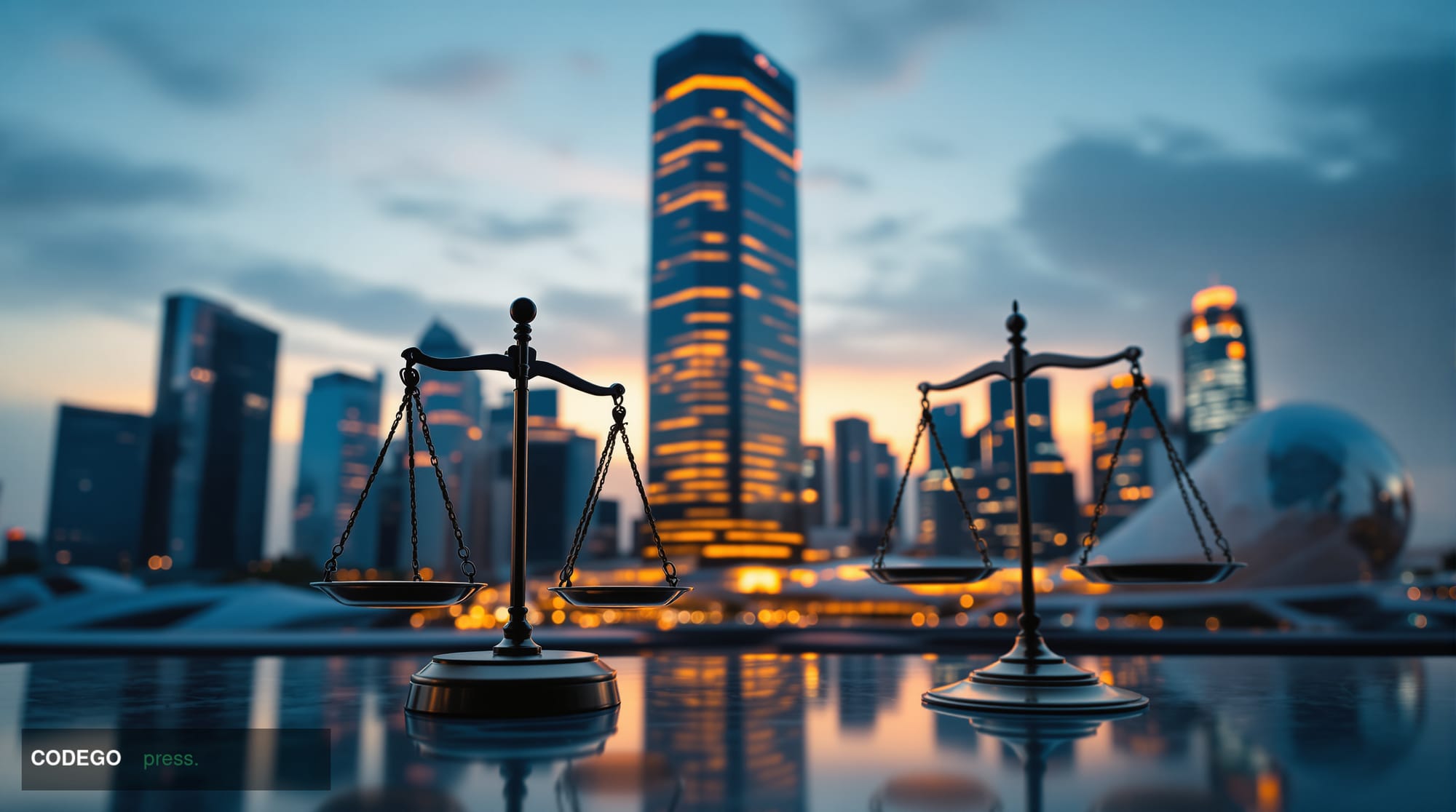 A dramatic cinematic photograph of the modern KuCoin headquarters building in Singapore's Central Business District, shot dur
